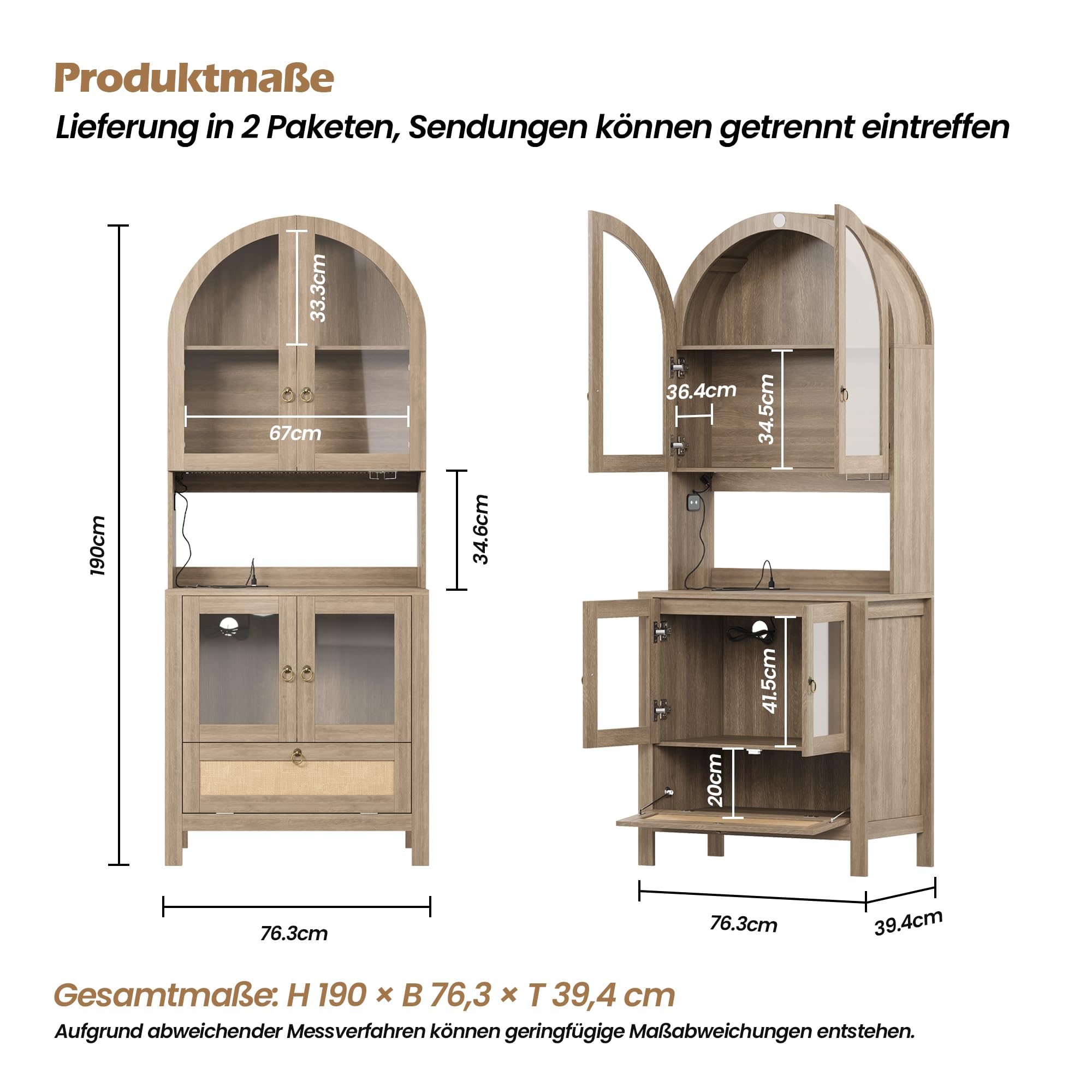GRAVFORCE Küchenschrank mit Arbeitsplatte und Steckdose – 190cm Buffetschrank mit LED Sideboard Küche Glastür verstellbaren Böden Vorratsschrank Kippsicherung für Küche Esszimmer Holzfarbe