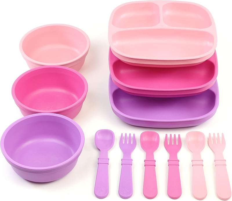 Toddler Dinnerware Set - 3 Divided Plates, 3 Snack Bowls & 3 Fork and Spoon Sets - BPA-Free Kids Tableware - Dishwasher Safe - Made in USA from Recycled Materials, Princess