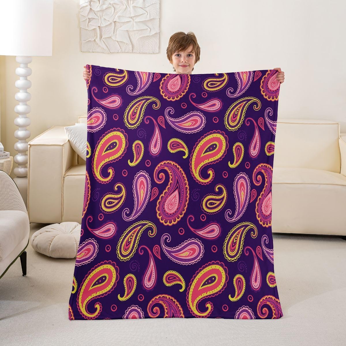 Paisley Flower Bed Blankets Room Decor 60x80 inches Mandala Datura Lotus Decorative Fuzzy Blanket for Sofa Couch Retro Floral Flannel Fleece Blanket for Kids Boys Girls All Season,Purple Red