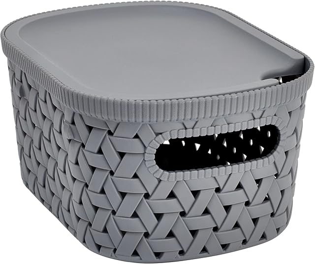 Store & Order Storage Box with Lid - Extra Small Stackable Decorative Plastic Box, Multi-Functional Boxes for the Home, Organiser Baskets for Toy Storage, Bedroom or Living Room - Grey Rattan 2.3L