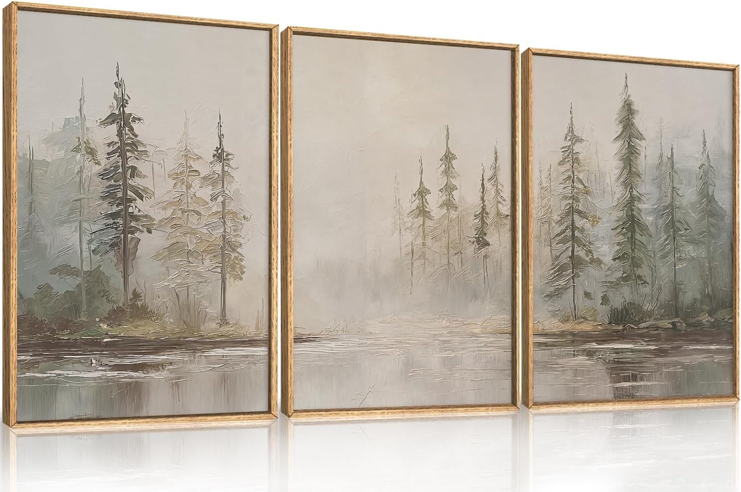 KAIRNE Misty Pine Forest Lake Oil Neutral Canvas Wall Art Set 12x16inch x3