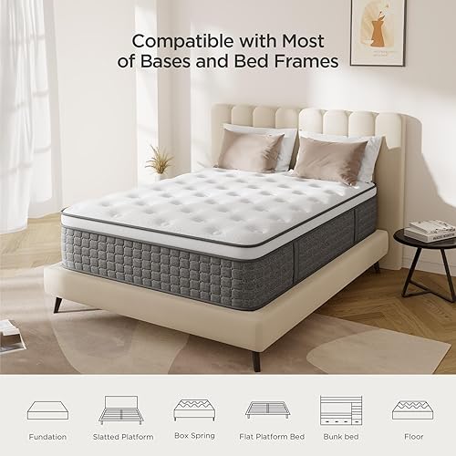 Miniatura 5 de Colchón Queen, firmeza media, 12 colchones híbridos de tamaño Queen con espuma viscoelástica y resortes ensacables para alivio de presión,