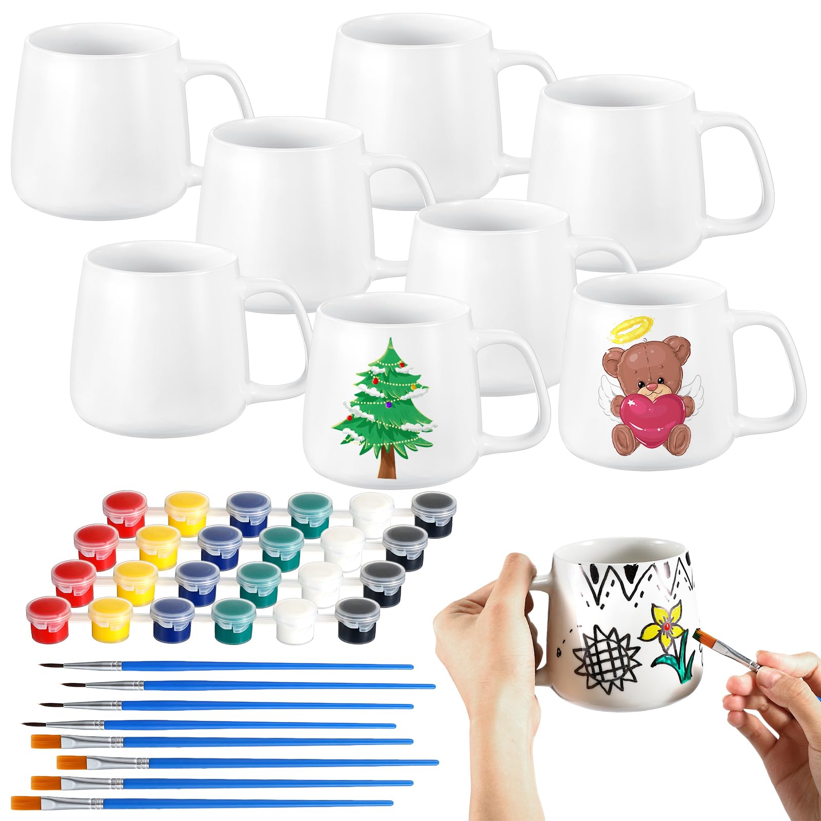 Tticai 4 Sets Paintable Paint Your Own Mug Kits - DIY Coffee Mug Painting Kit for Adults Includes Blank Ceramic Mugs, Painting Supplies - Paints, Brushes