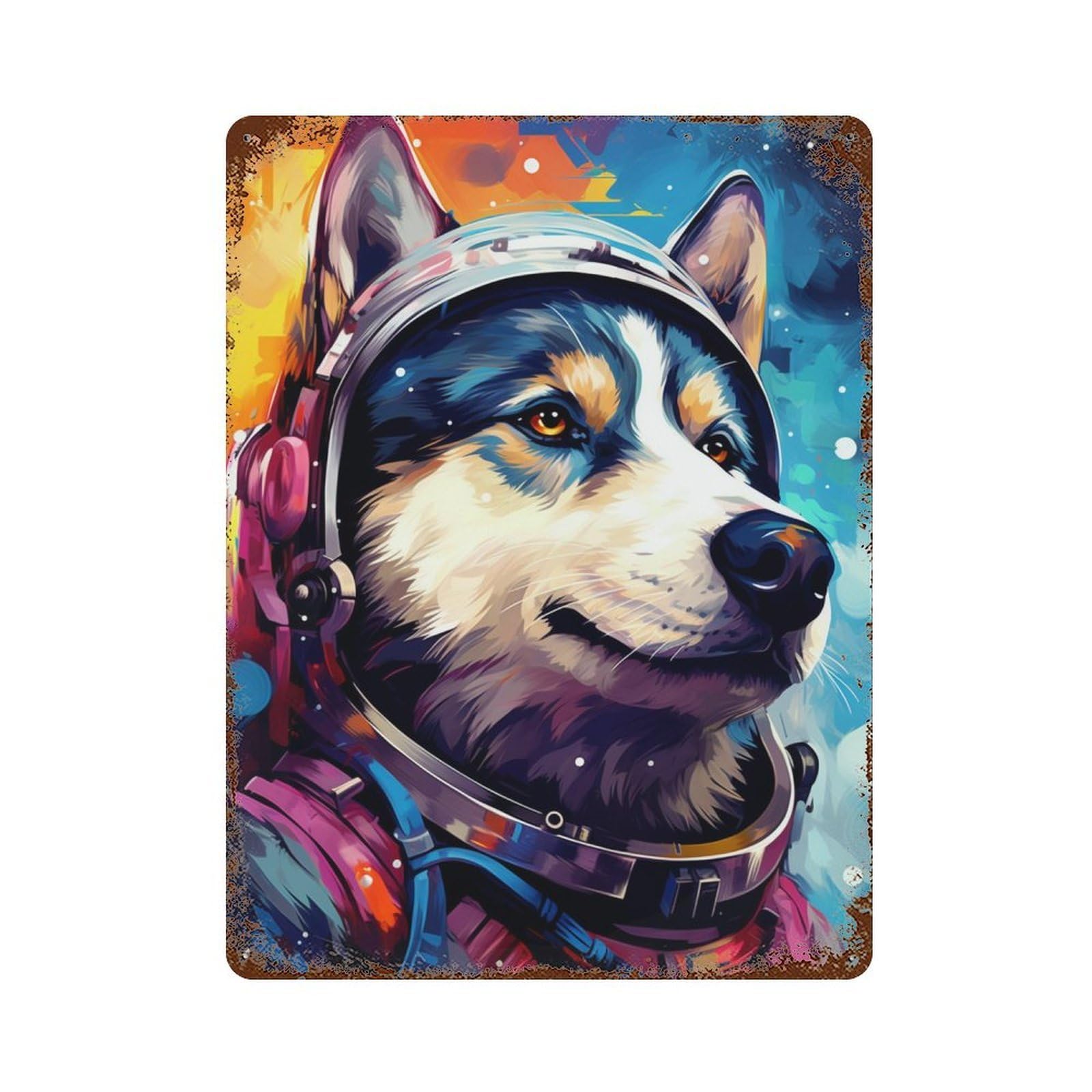 Space Dog Adventure -109 Distressed Metal Wall Sign 15.7"x11.8", Rustic Home Decor for Living Room, Hallway And Home Decor