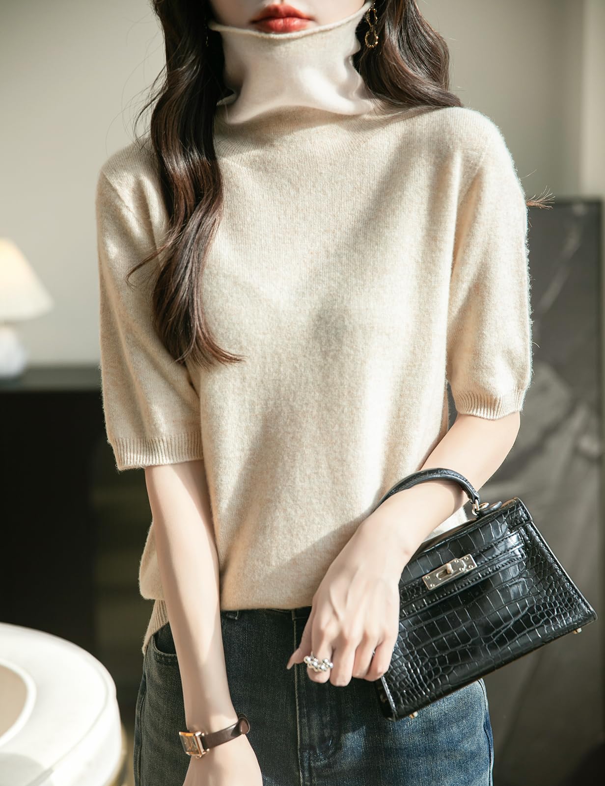 Chanyarn Damen 100% Merinowolle Kurzarm Pullover 2025 Frühjahr Sommer Winter Weich Leicht Rollkragen Nahtloser Strickpullover Sweatshirt