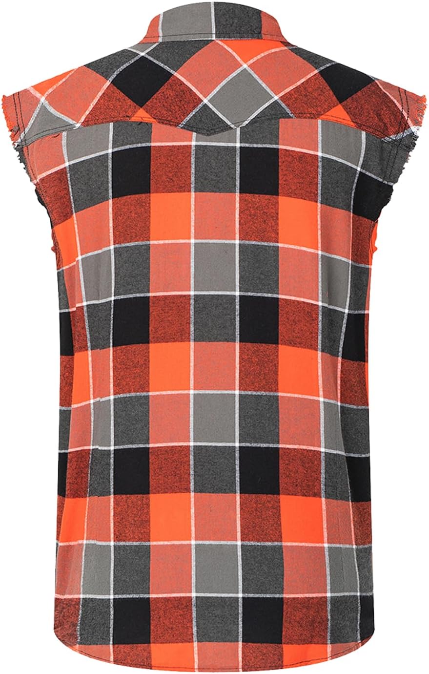 Mens Casual Flannel Plaid snap Shirt Sleeveless with Pocket - Image 2