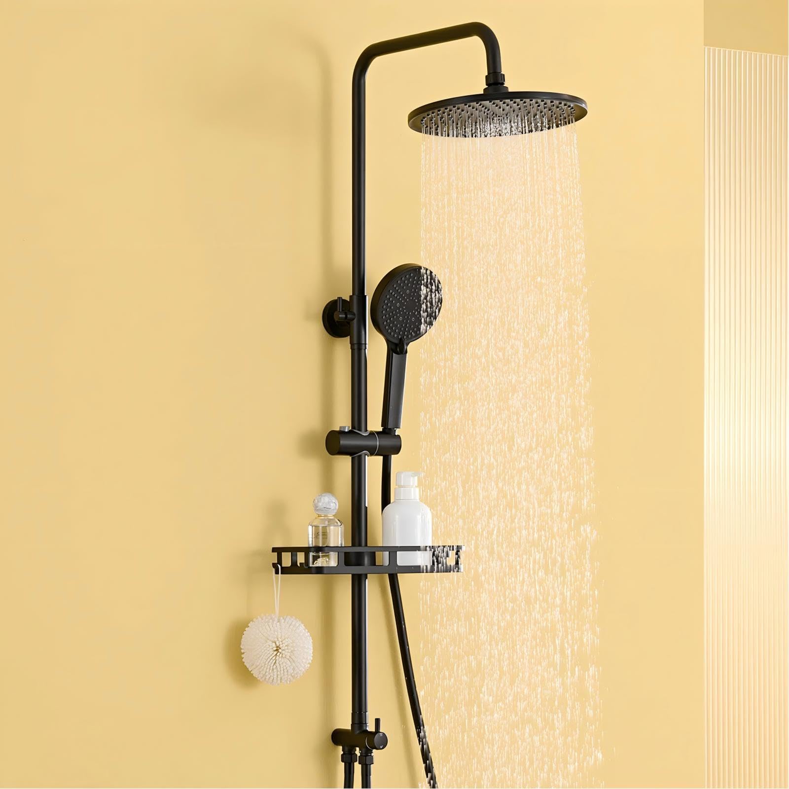 Auralum Regendusche Komplettset ohne Armatur, Edelstahl Duschsystem Set mit Messing-Wasserteiler, Bohrfree-Ablage, Ø250mm Überkopfbrause, Duschgarnitur mit Regendusche, Schwarz, ohne Duscharmatur