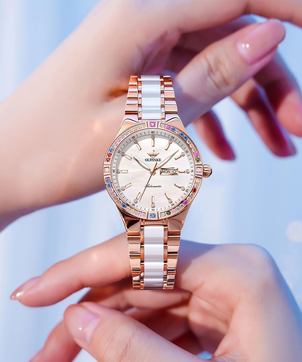 OUPINKE Women Automatic Watches Colorful Diamond Elegant Luxury Dress Ladies Rose Gold Mechanical Sapphire Crystal Wrist Watch - Image 4