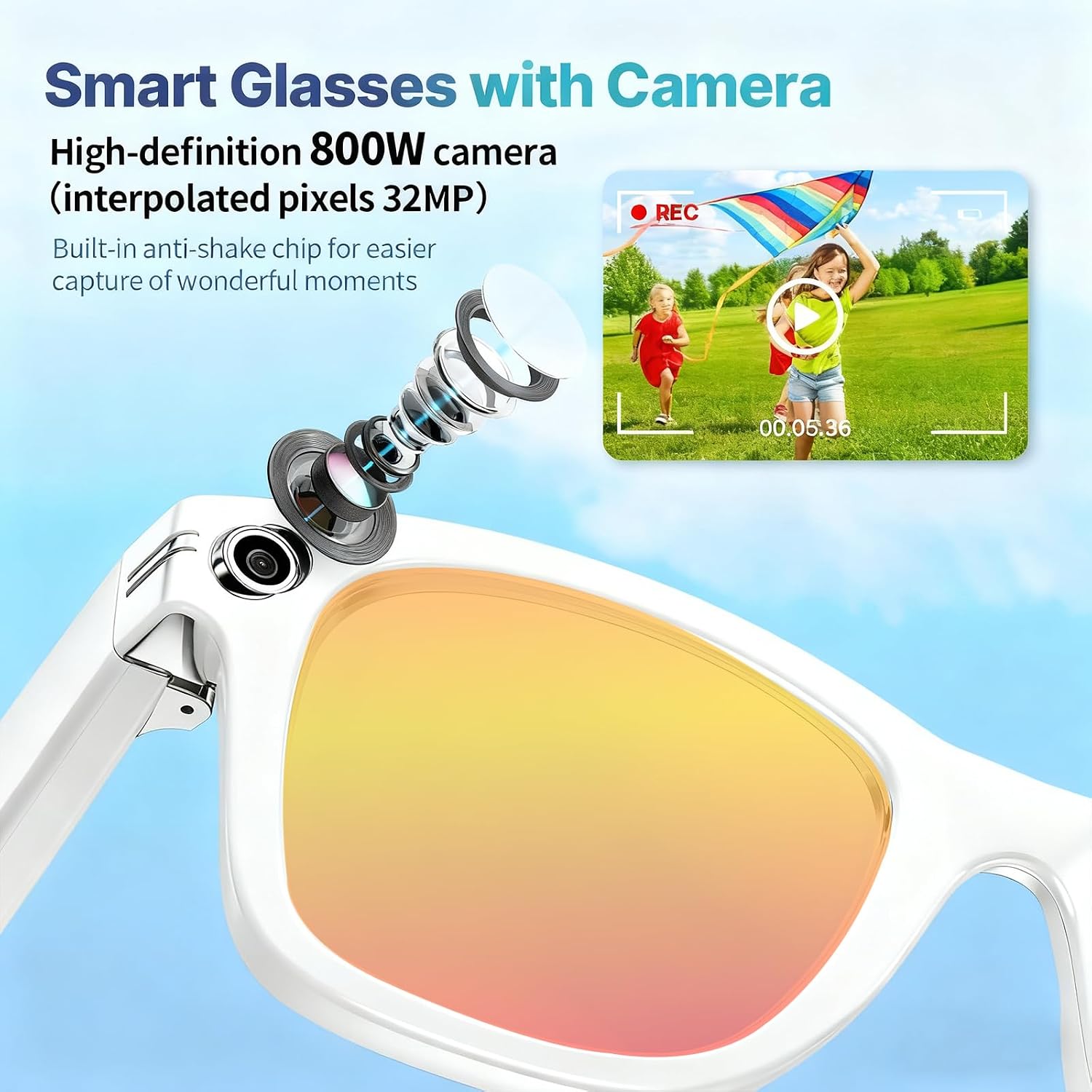 AI Smart Glasses with Camera, 8MP 1200P HD Video Recording Sunglasses, UV400, Real-Time Translation, GPT Voice Assistant, Open-Ear Bluetooth Audio, 32GB POV Glasses for Men Women Running Hiking Beach