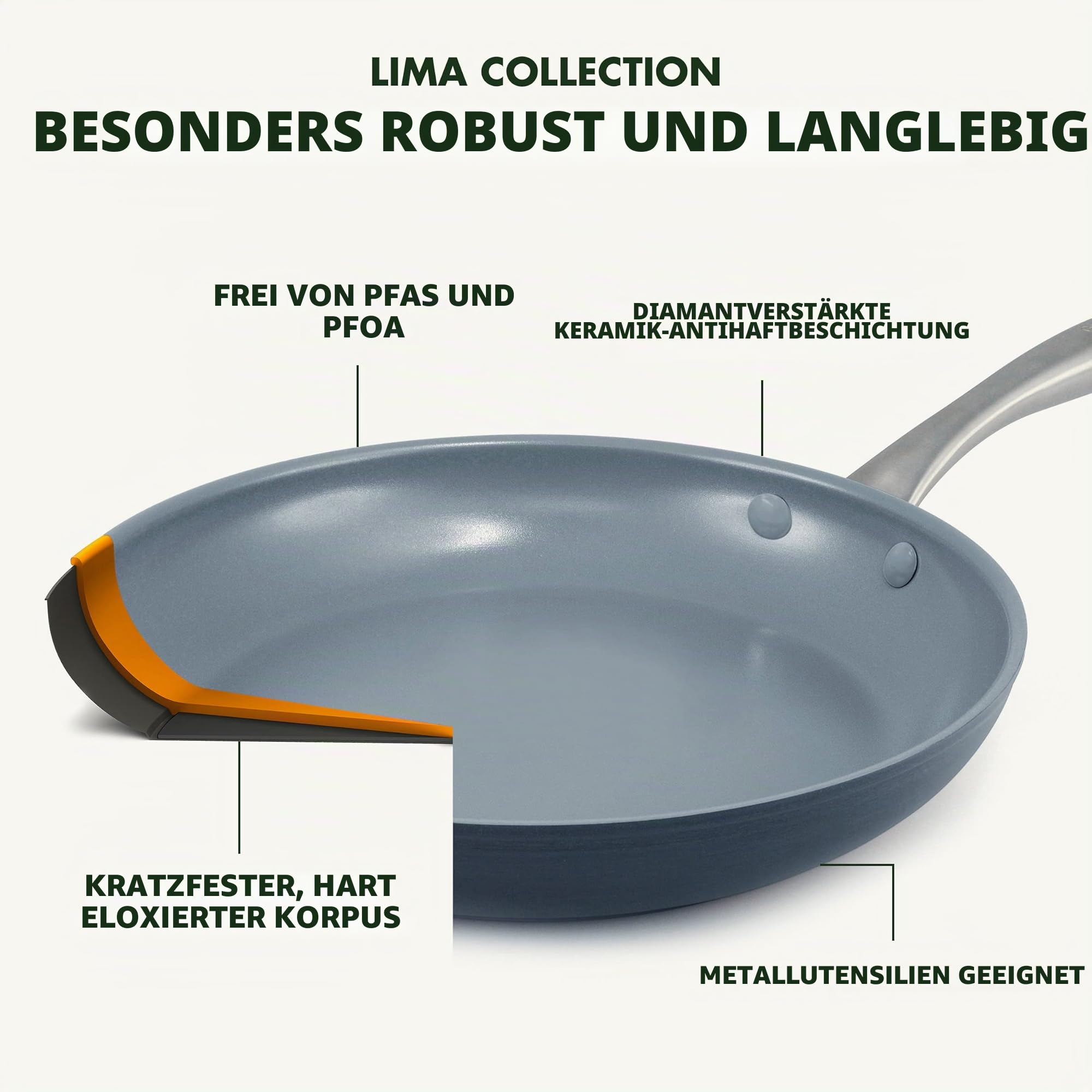 GreenPan CW0002858 Lima Gesunde, Keramik-Antihaftbeschichtung, PFAS-frei, harteloxiert, Edelstahlgriffe, Grau