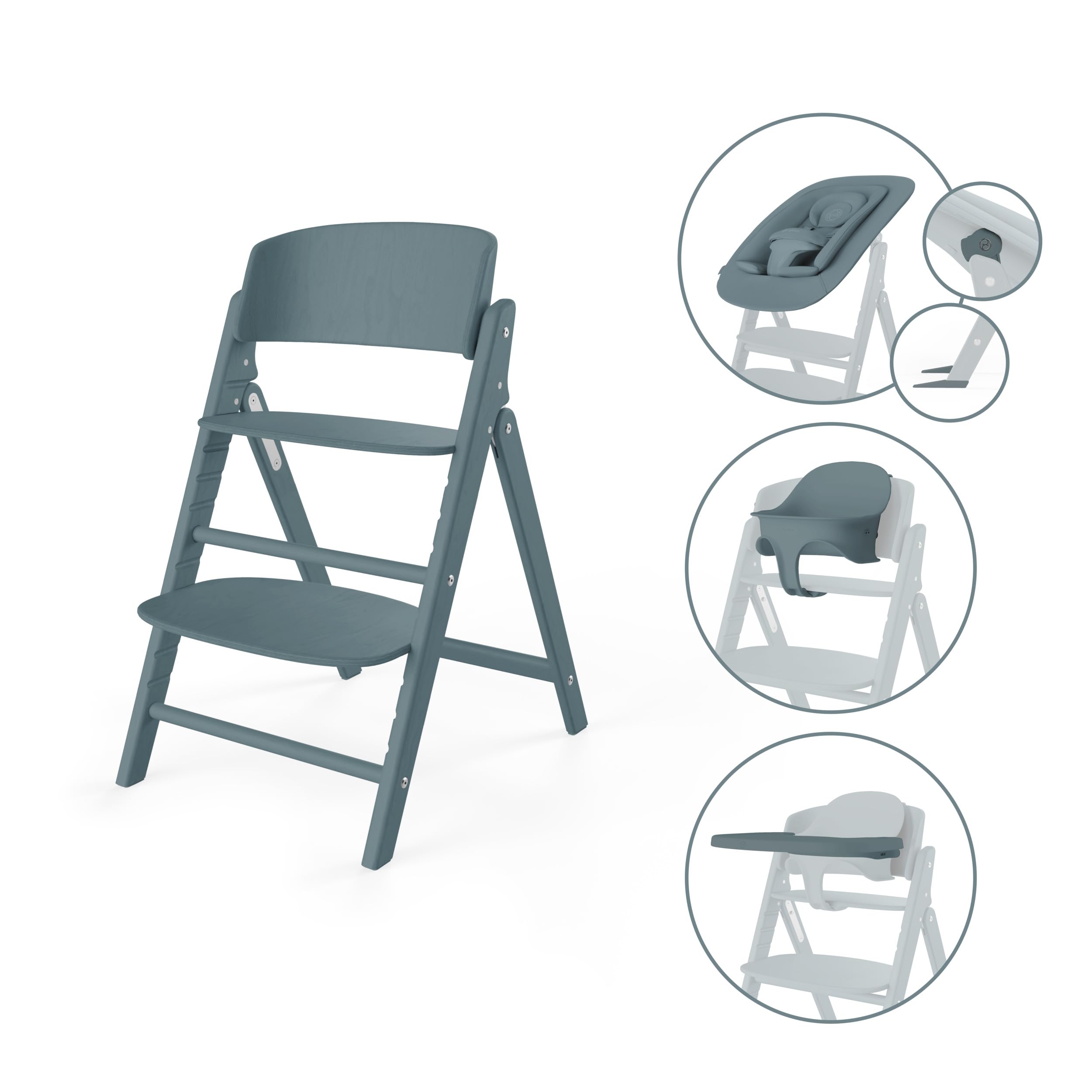 CYBEX Gold krzesełko do karmienia CLICK & FOLD Zestaw 4w1, Rośnie razem z dzieckiem, W komplecie Złote gniazdko leżaczka, Zestaw i taca dla niemowląt, Drewno bukowe/Bawełna/Plastik, Stone Blue