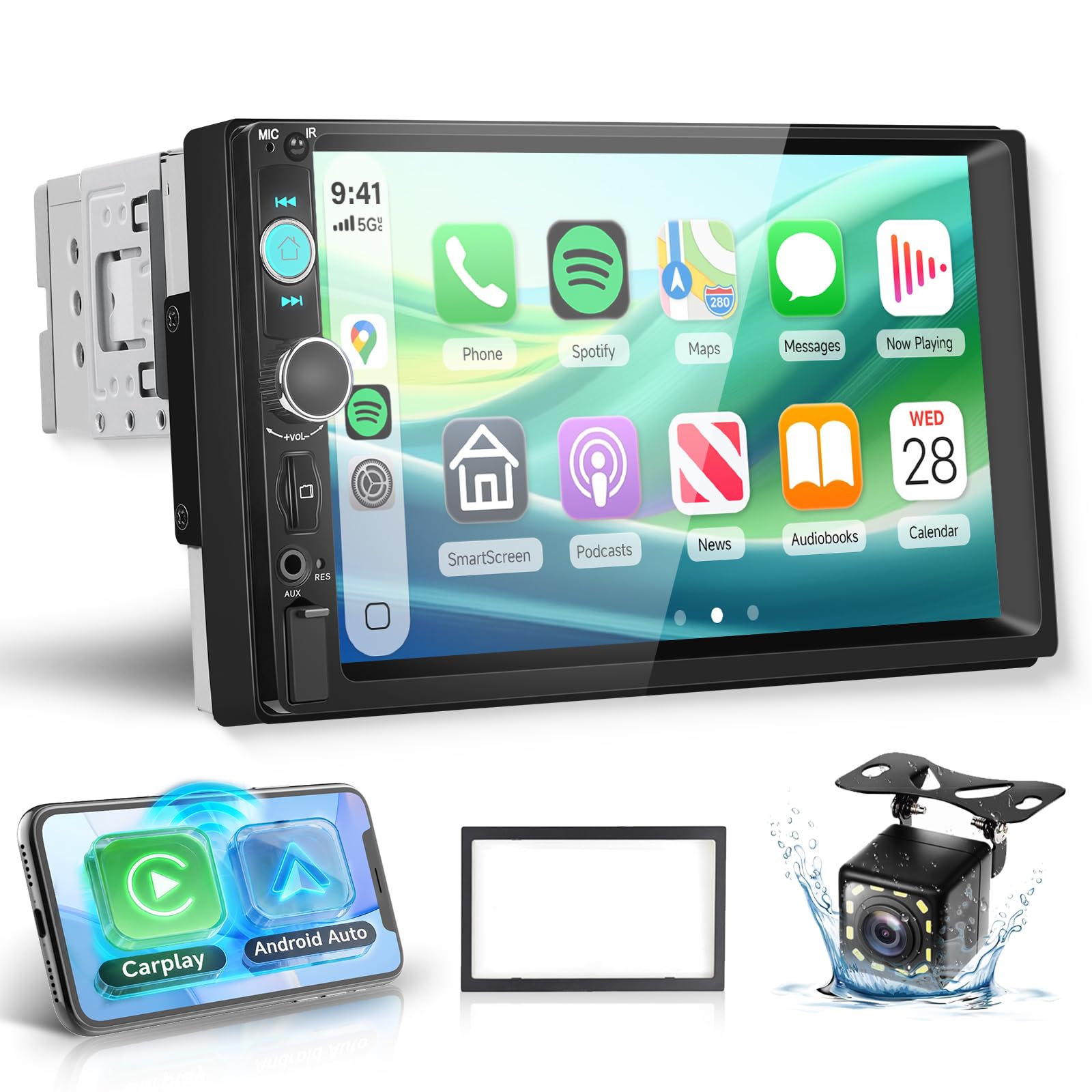 Hodozzy Autoradio 1 Din avec Carplay Android Auto sans Fil, Ecran IPS 7 Pouces Autoradio Compatible Bluetooth Radio FM/USB/TF/AUX/Sortie vidéo/Youtube/Caméra de recul