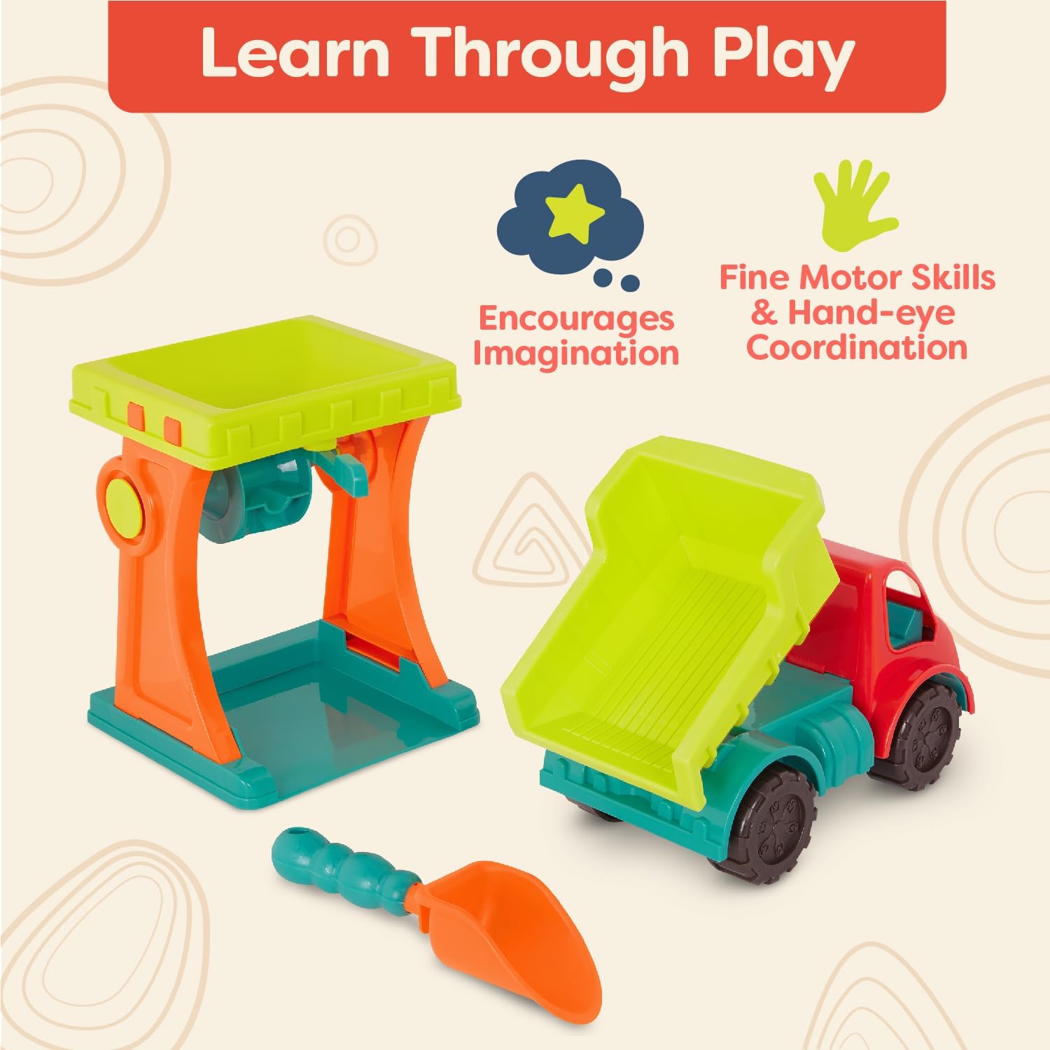 B. toys – Sandy Sifter Set – Sand Mill Playset with Dump Truck, Shovel – Sand & Beach Toys for Toddlers, Kids - 18+ Months