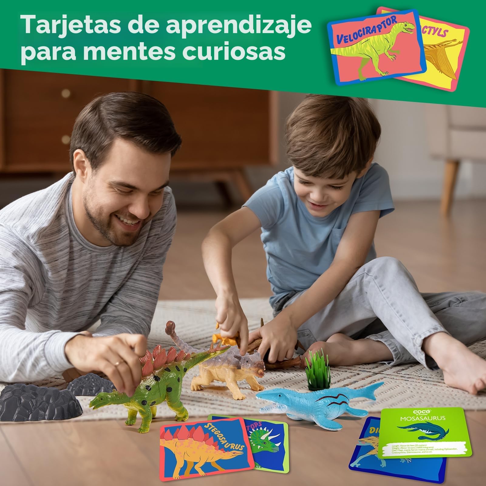 COCO&Friends Dinosaurios Juguetes Niños 3 años, Mochila Infantil con 12 Dinosaurios, Cartas y Tapete de Juego - Juguetes de Viaje Regalos para Niños 3 4 5 6 años