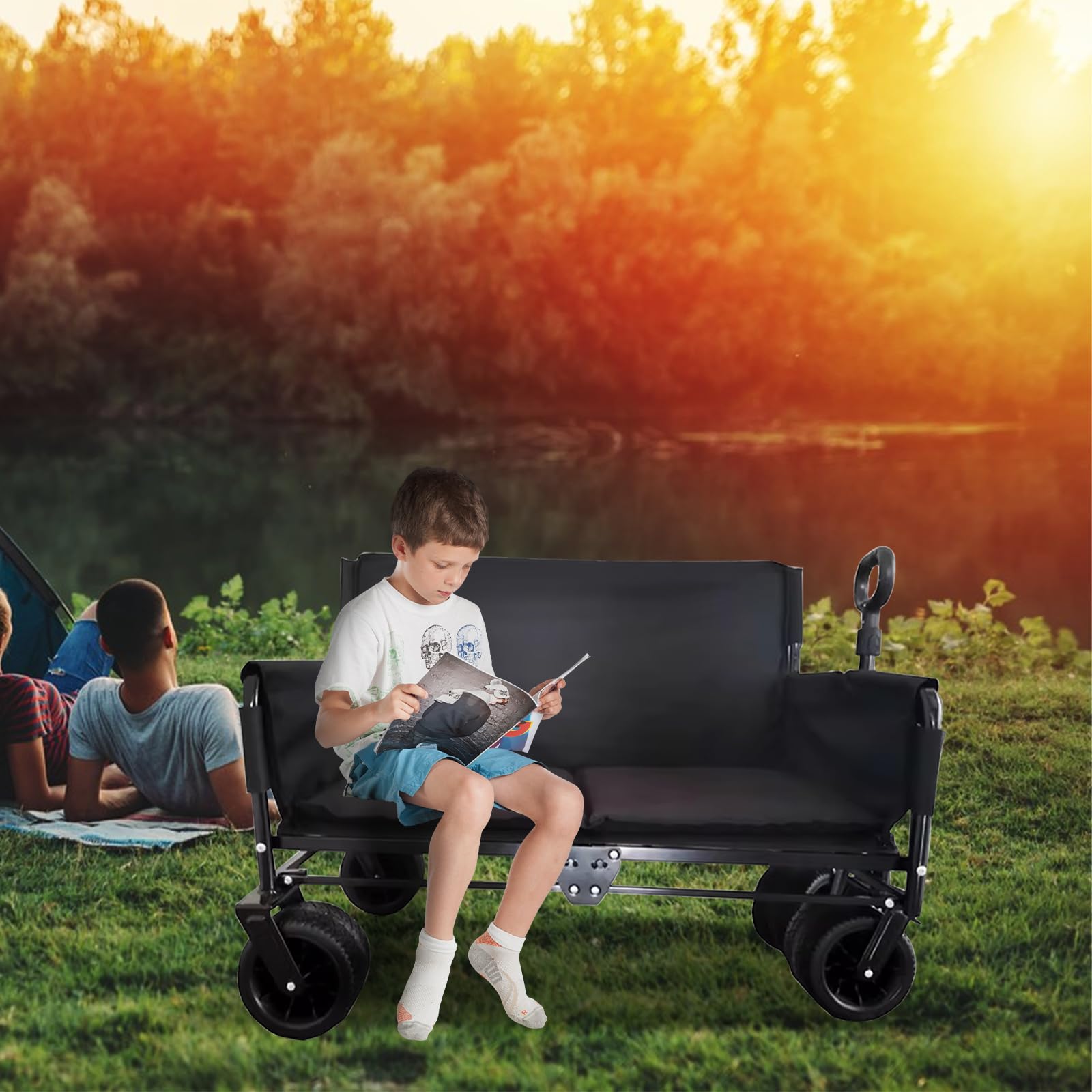 3 in 1 Bollerwagen Faltbarer, Strandwagen Handwagen Umbaubar Campingbank, Verstellbarem Griff Gartenwagen, Klappbarer All Terrain Transportwagen Allzweckwagen Campingstuhl Campingsofa Sitzer