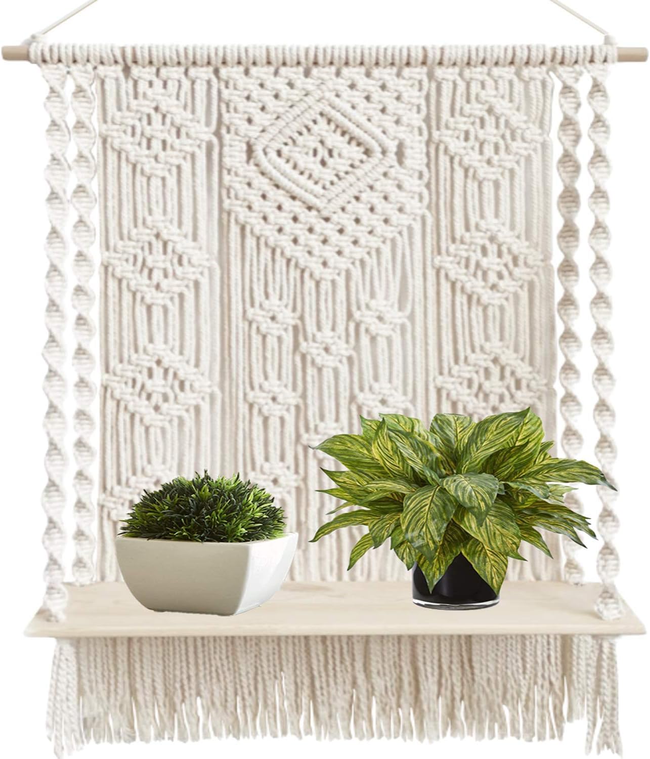 Macrame Wall Hanging Plant Decor Shelf Indoor Outdoor Floating Wood shelve Decorative Hand Made Rope Boho Shelving for Plants