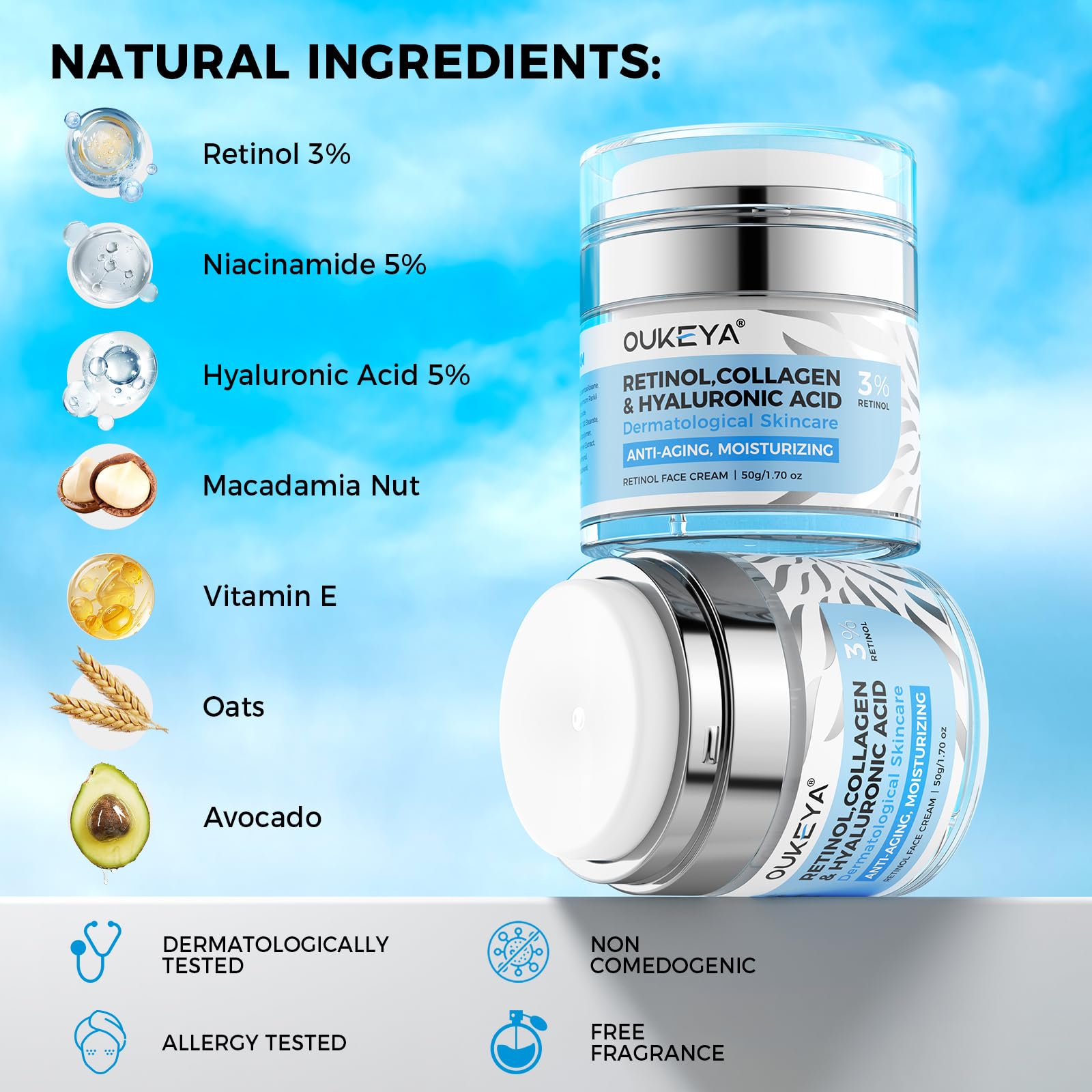 OUKEYA Crema Notte Viso Antirughe - 3% Retinolo + 5% Niacinamide & Acido Ialuronico - Trattamento Intensivo per Rughe Profonde, Macchie Scure e Pelle Disidratata - Effetto Lifting & Idratazione, 50ml
