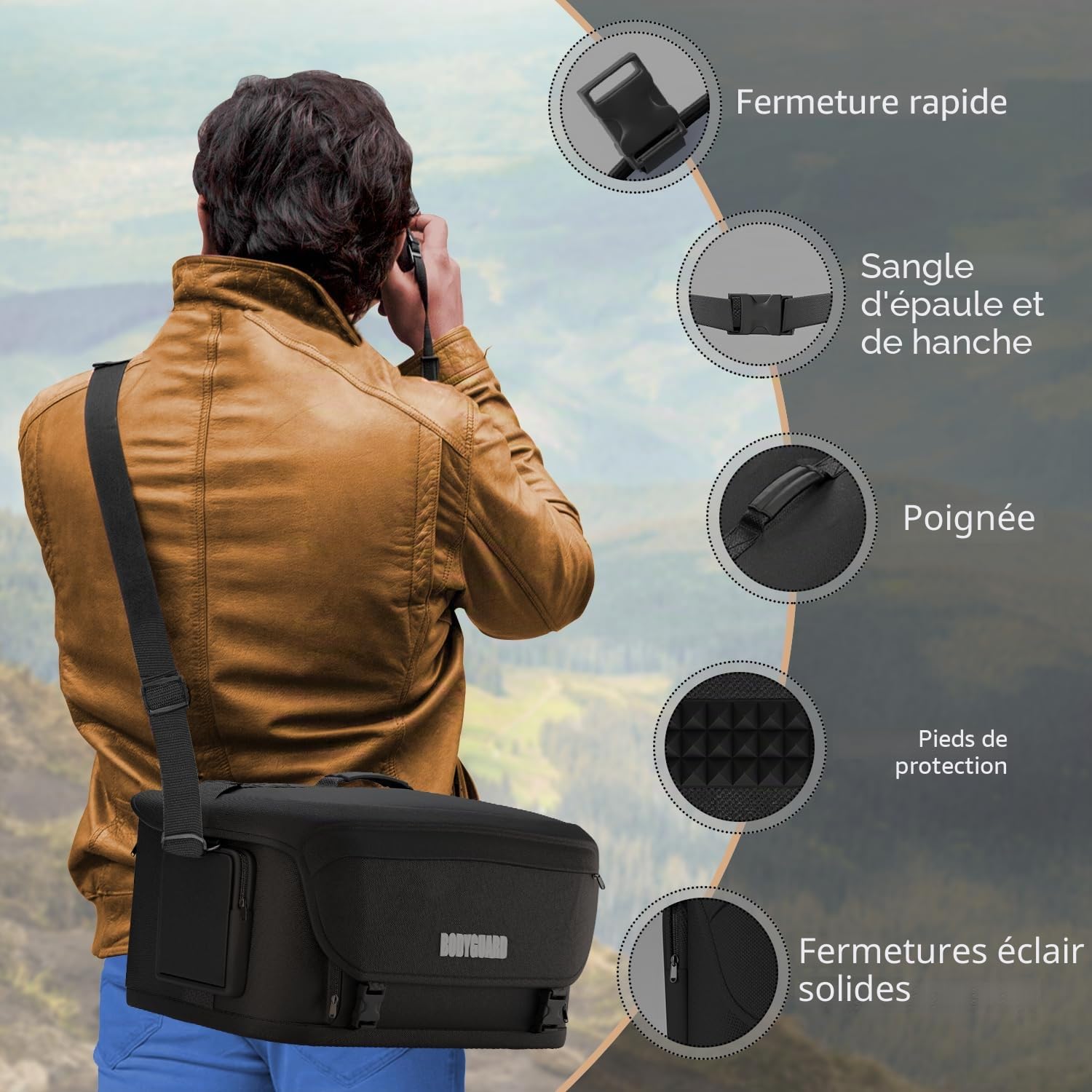 Bodyguard Sacoche imperméable pour appareil photo reflex numérique 4XL, grande capacité, 9 compartiments, épaulière antidérapante et sangle en nylon, compatible Sony, Canon
