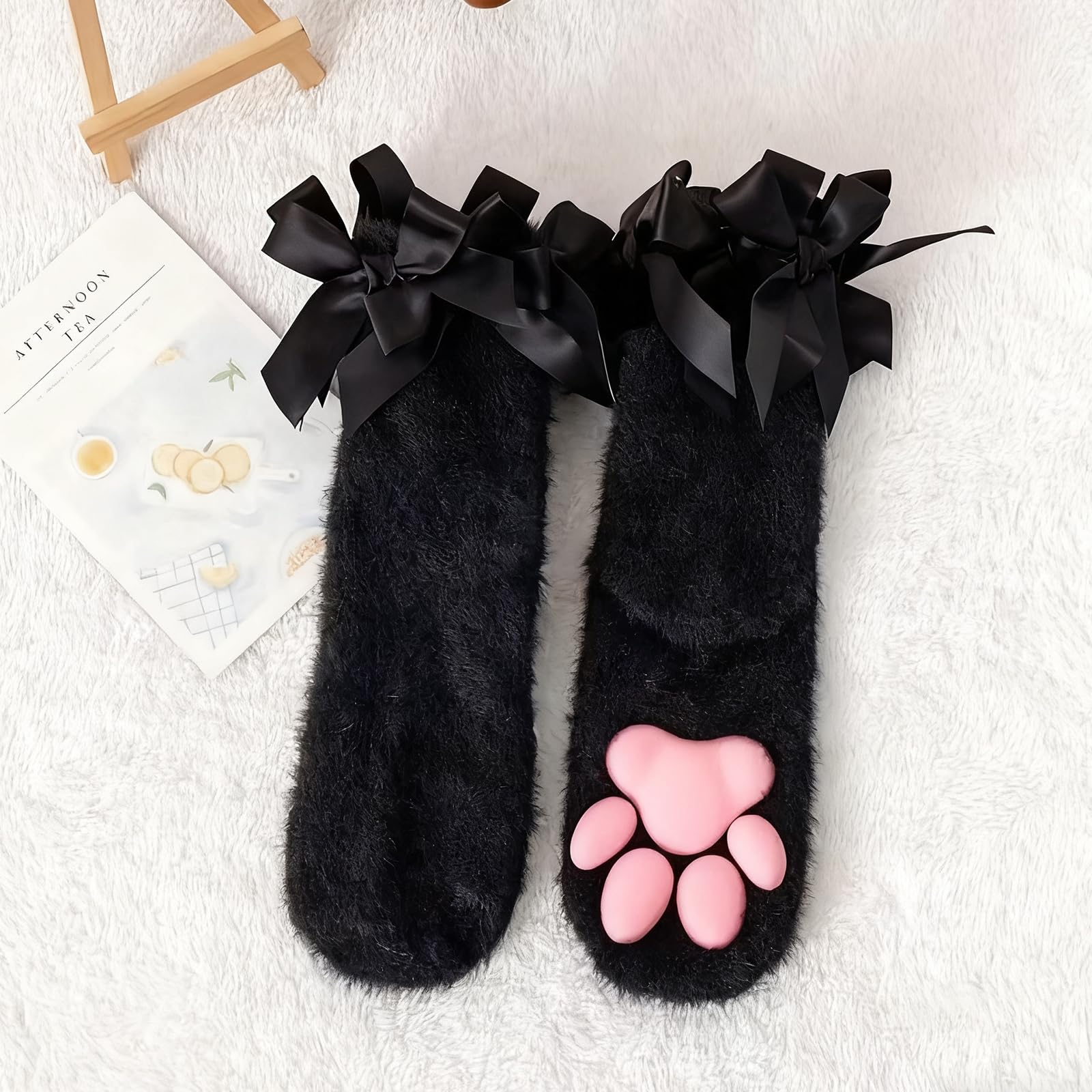 SIROLISA Fuzzy Short Cat Paw Socks, Soft 3D Paw Pad Toe Beans Stockings for Women: Black