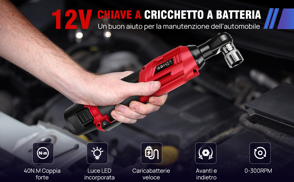 DayPlus Chiave A Cricchetto 12V 3/8 Con 40 Nm, 2 Batterie 1.5Ah E 7 Prese, Rosso, Per Riparazioni Auto E Fai Da Te