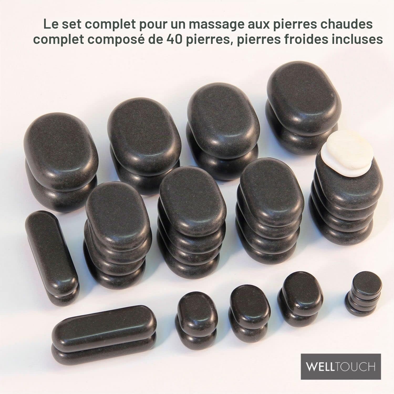 WellTouch Kit massage aux pierres chaudes avec boite décorative en bambou | 40 pierres de massage en basalte | Massage thermique bien-être | massage thérapeutique