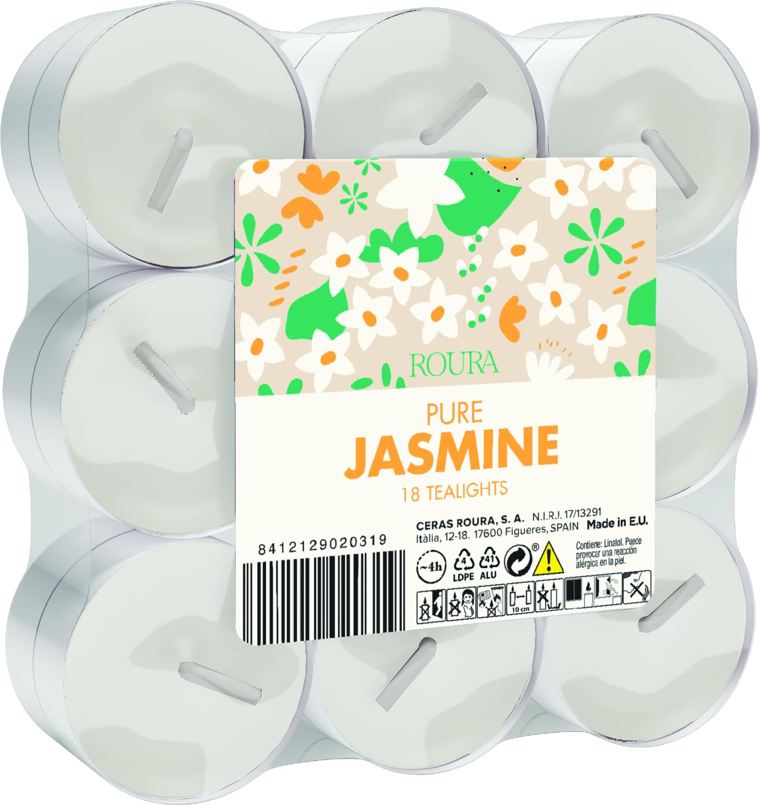 Ceras Roura Pure Jasmine Scented Tealights Pack of 18 – Floral Jasmine, Magnolia & Gardenia Fragrance – Long Lasting Tealight Candles for Home Fragrance