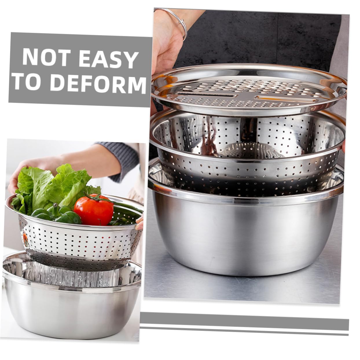 Homoyoyo 3-in-1 Gemüseschneider und Küchensieb aus Edelstahl mit Verdicktem Großem Rand Multifunktionalem Design für Kochen und Hausküchen
