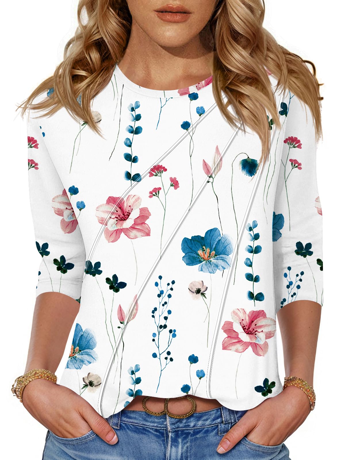 Kistore 3/4 Length Sleeve Shirts for Womens Pleated Summer Tops 2025 Fasion Trendy Spring Blouses — view 9