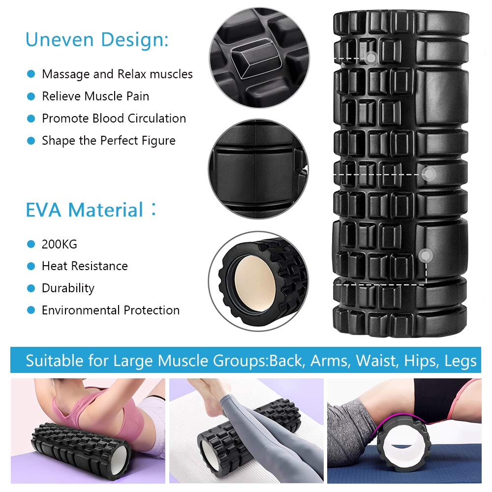 Rullo Massaggio Muscolare, Qveetry 6 in 1 Foam Roller Rullo in Schiuma Pallina Massaggiante Bastone Massaggio bande di resistenza per Stretching Yoga Pilates Rilascio Miofasciale