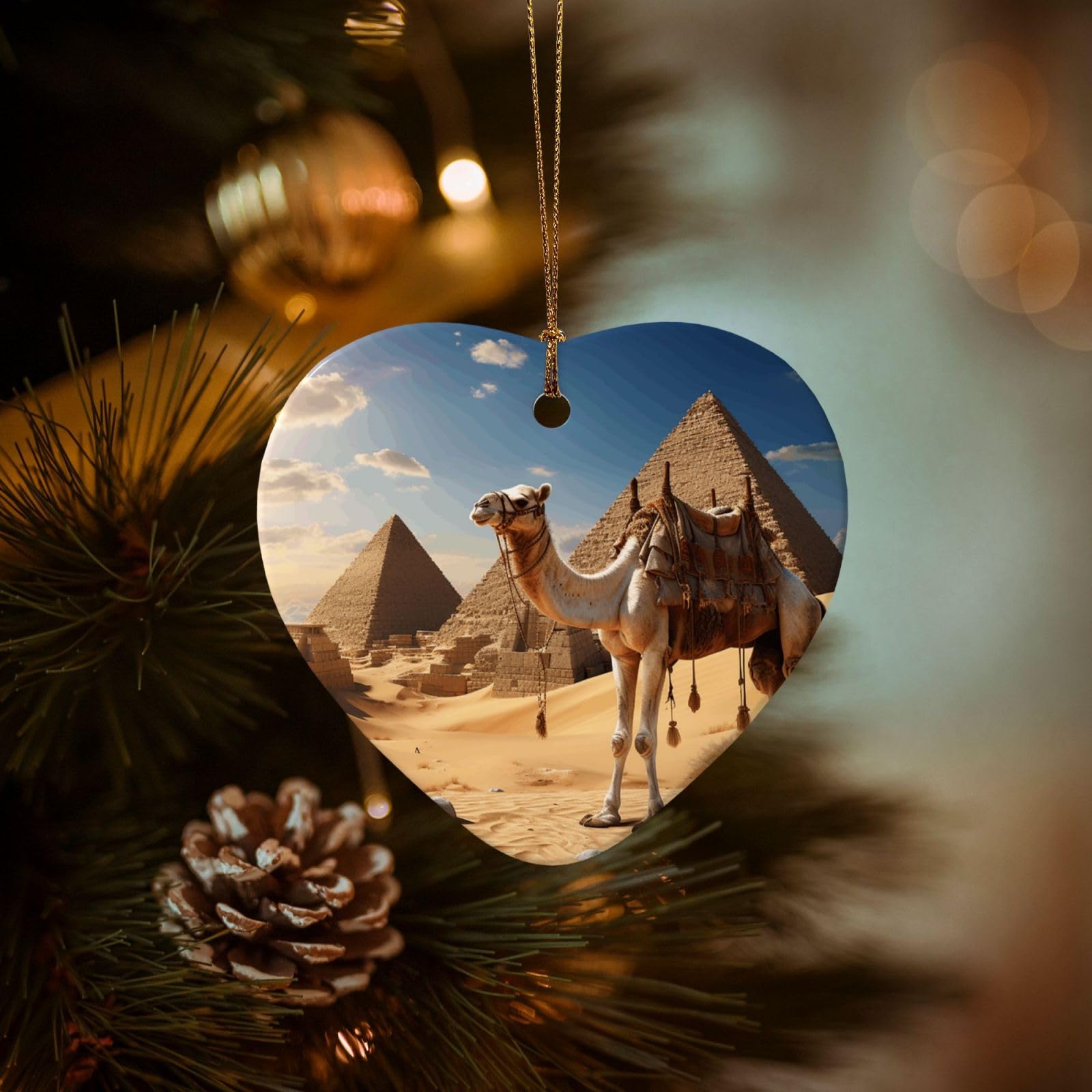 Christmas Ornaments for Christmas Tree Decoration Hanging Camel Desert Ornament with Gold Ribbon Crafts Heart Shape Ceramic Pendant for Keepsake Gifts Xmas Decor Party Supplies