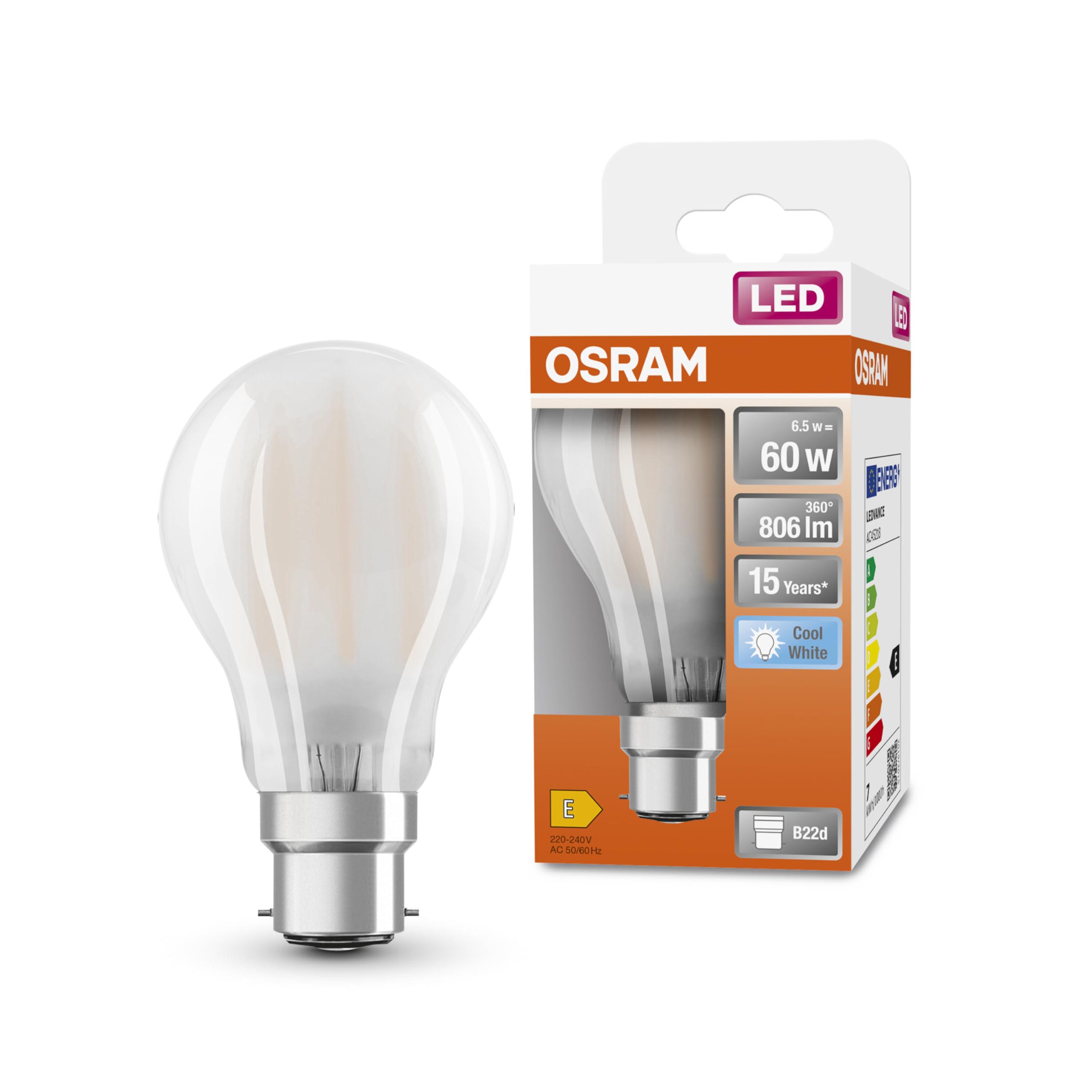 Osram LED Star matte Filament LED Lampe, B22d Sockel, Kaltweiß (4000K), Birnenform, Ertsatz für herkömmliche 60W-Glühbirnen, 1er-Pack