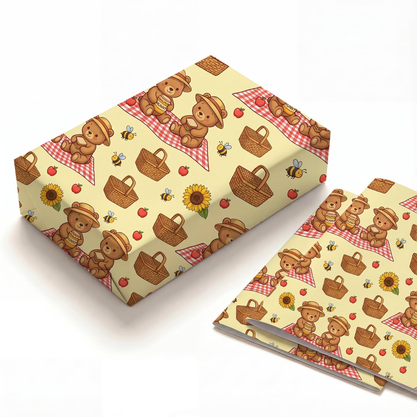 SHSEEN Sunflower Picnic Bear Wrapping Paper, 2 Sheets, 19.6 x 27.5 in — image 1