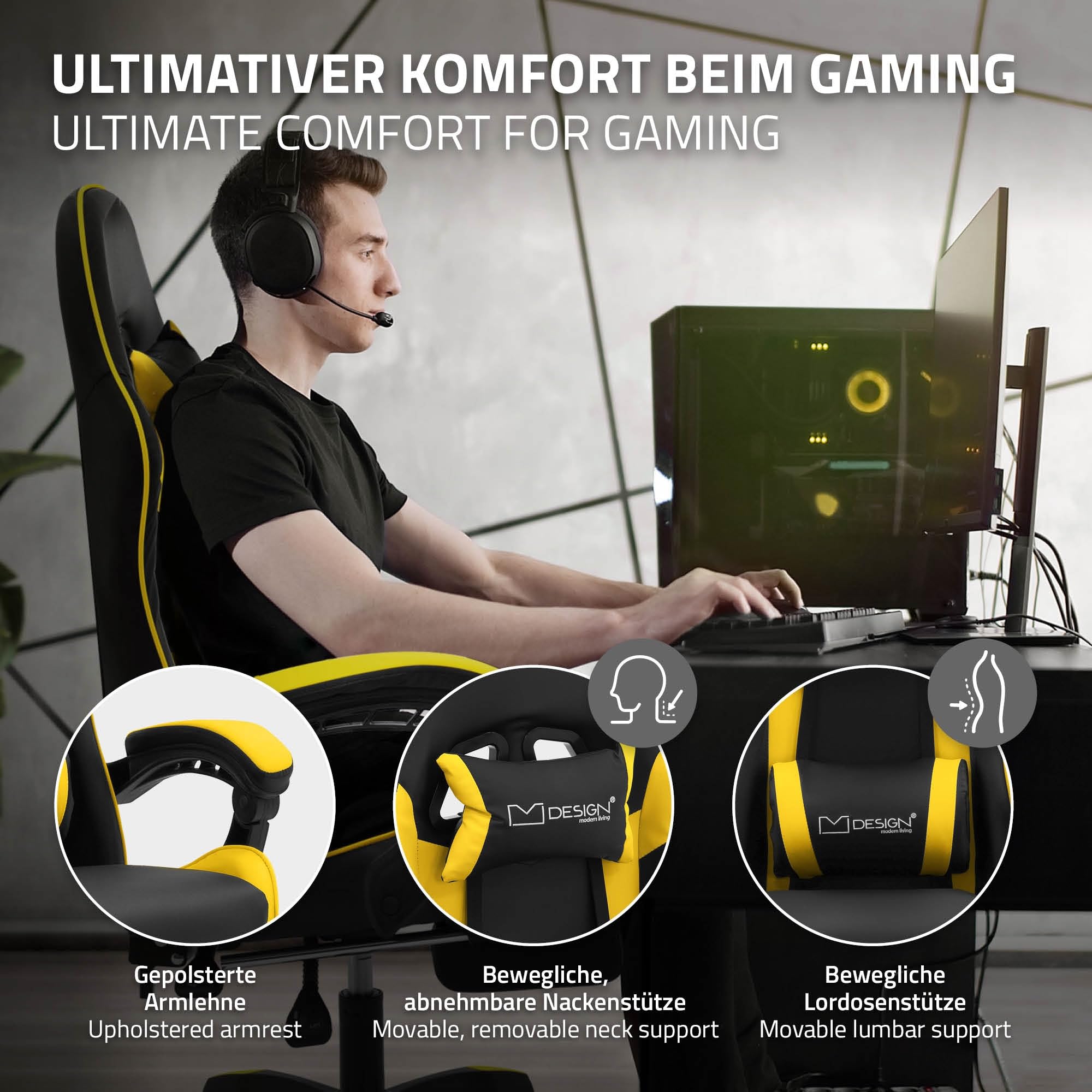 ML-Design Sedia da Gaming Ergonomica in Similpelle Giallo, Poggiapiedi, Braccioli, Poggiatesta, Cuscino Lombare, Stile Racing, Poltrona da Gioco Girevole e Regolabile, Ideale per Scrivania o Ufficio