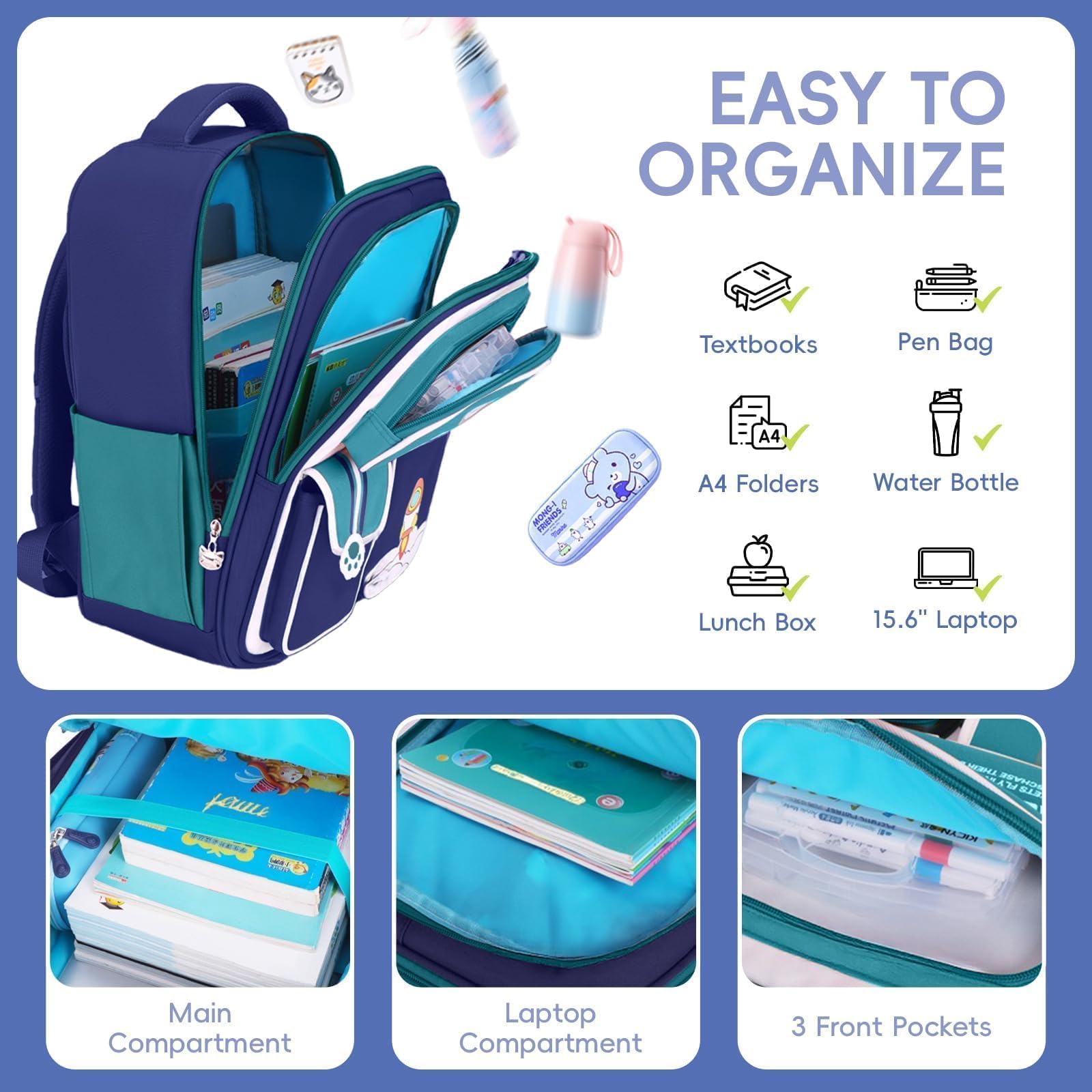 Amythe Cartable Garçon CP-CM2 École Voyage | Sac à dos Ergonomique Enfant 6-12 ans Réfléchissant 26L Bleu