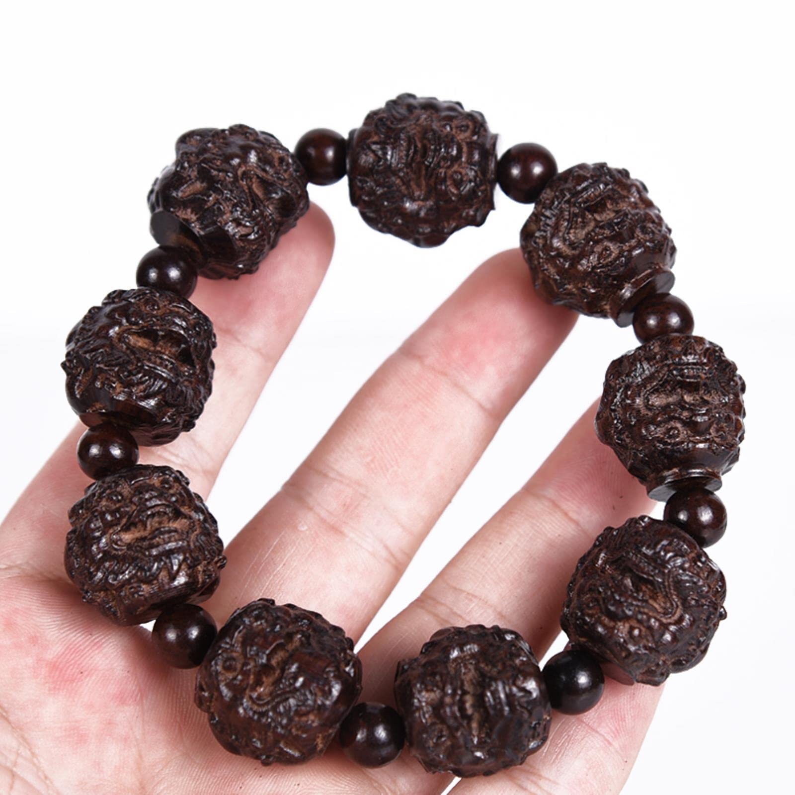 1 Braccialetto in Pelle Nera, Legno, Pelle Grigia, Testa Umana intagliata, diciotto Perle-Drago Verde