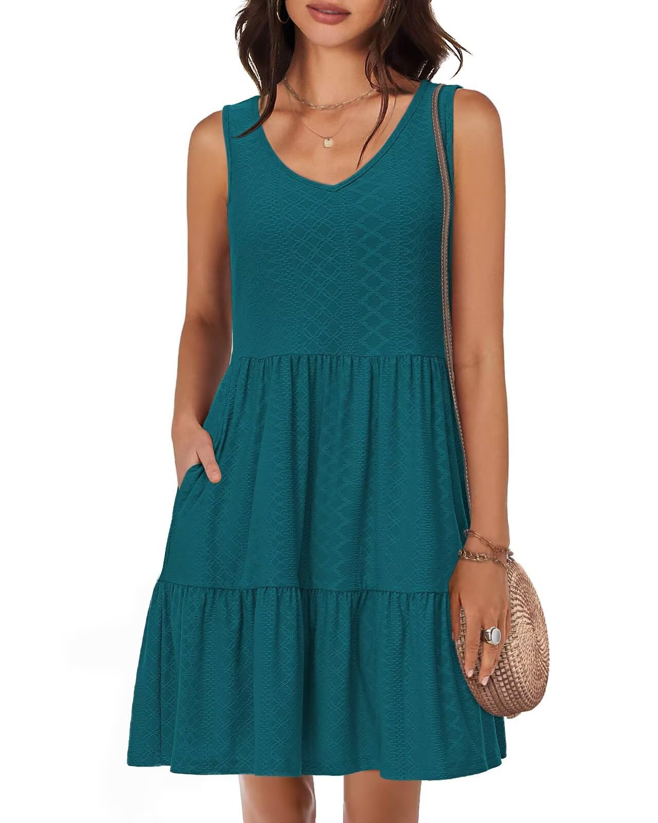 Tanmolo Sommerkleid Damen Knielang,V-Ausschnitt Taschen | Kleid Damen Sommer Kurz, Strandkleid, ärmellos. Swing, elastisch, Knielang, Taschen, V-Ausschnitt. Urlaub