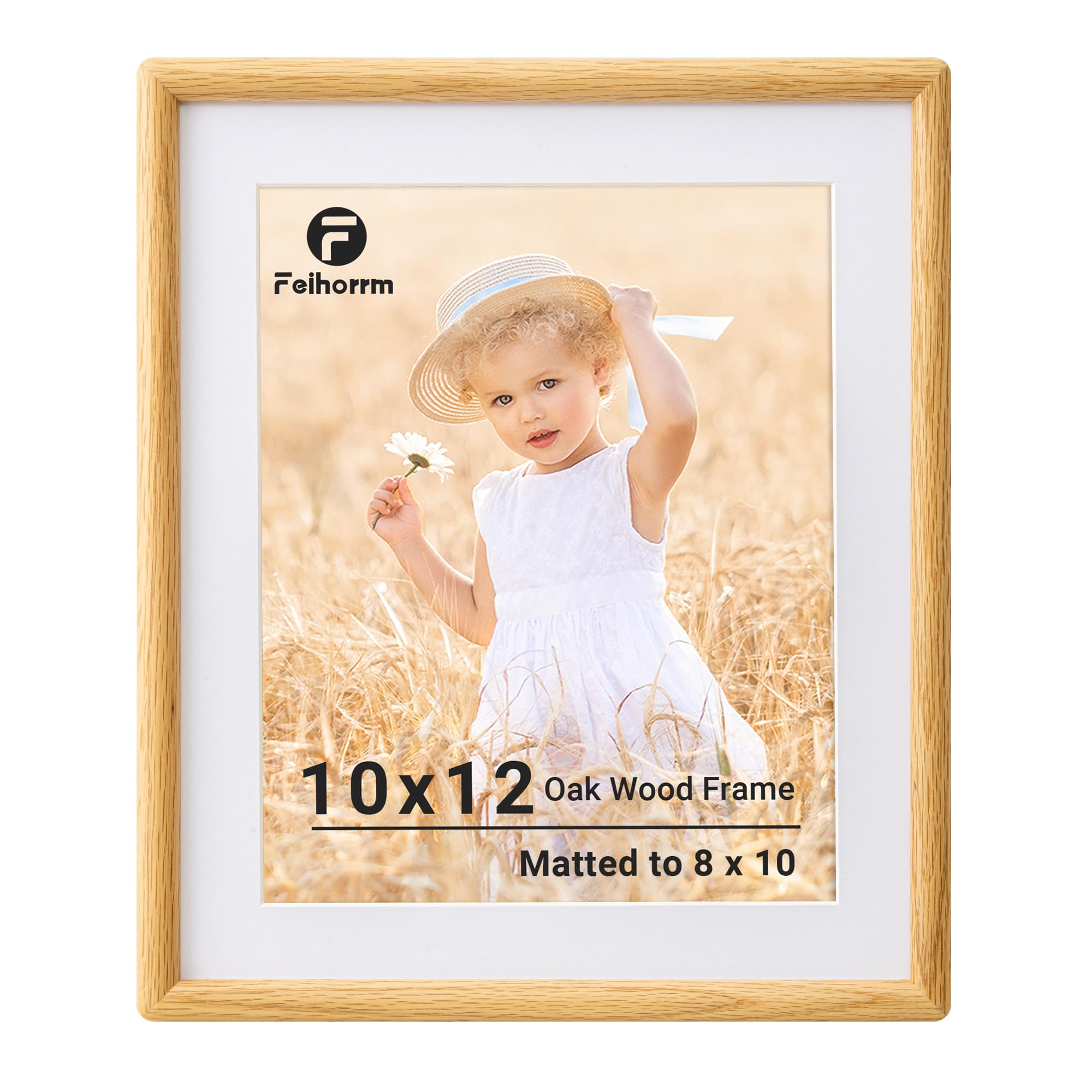 Feihorrm 12x10 Photo Frame, Oak Solid Wood Picture Frame, 12 x 10 inch Picture Frame, 10x12 Frame Matted to 8x10 Photos, Handcrafted Rounded Corners with HD Tempered Glass, Wall Mount Display