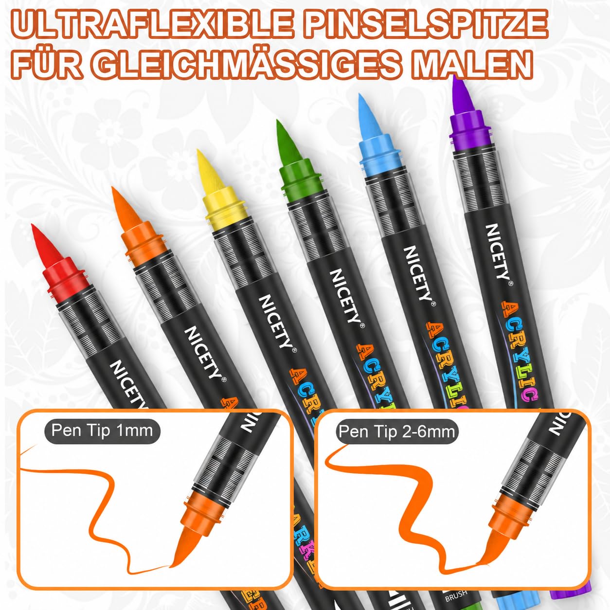 NICETY 180 Acrylstifte für Steine Wasserfest - Pinselspitze Acrylmarker für Steine, Holz, Stoff, Leinwand, Glas, Keramik, 1-6mm Multimarker Acrylfarben Marker Set
