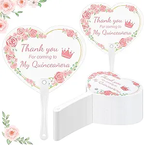 50 Pcs Brithday Fans Quinceanera Party Gift Hand Plastic Fan Quinceanera Party Favors for Guests Pink Heart Shaped Handheld Fans Thank You for Coming to My Quinceañera Recuerdos De 15 Quinceañera