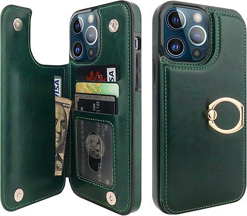 Funda tipo cartera para iPhone 13 Pro Max con soporte para tarjetas, anillo de rotación de 360, función atril, bloqueo RFID, piel sintética, doble