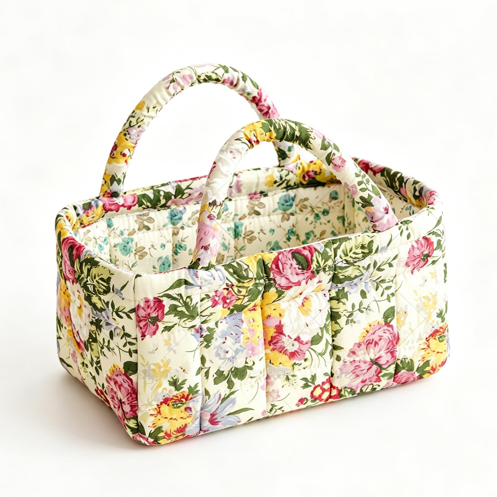 3L Floral Quilted Fabric Storage Basket, Portable Small Organizer Bin with Double Handles, Collapsible Cotton Makeup Basket for Bathroom Desktop Cosmetic Sundry Home Storage(7)