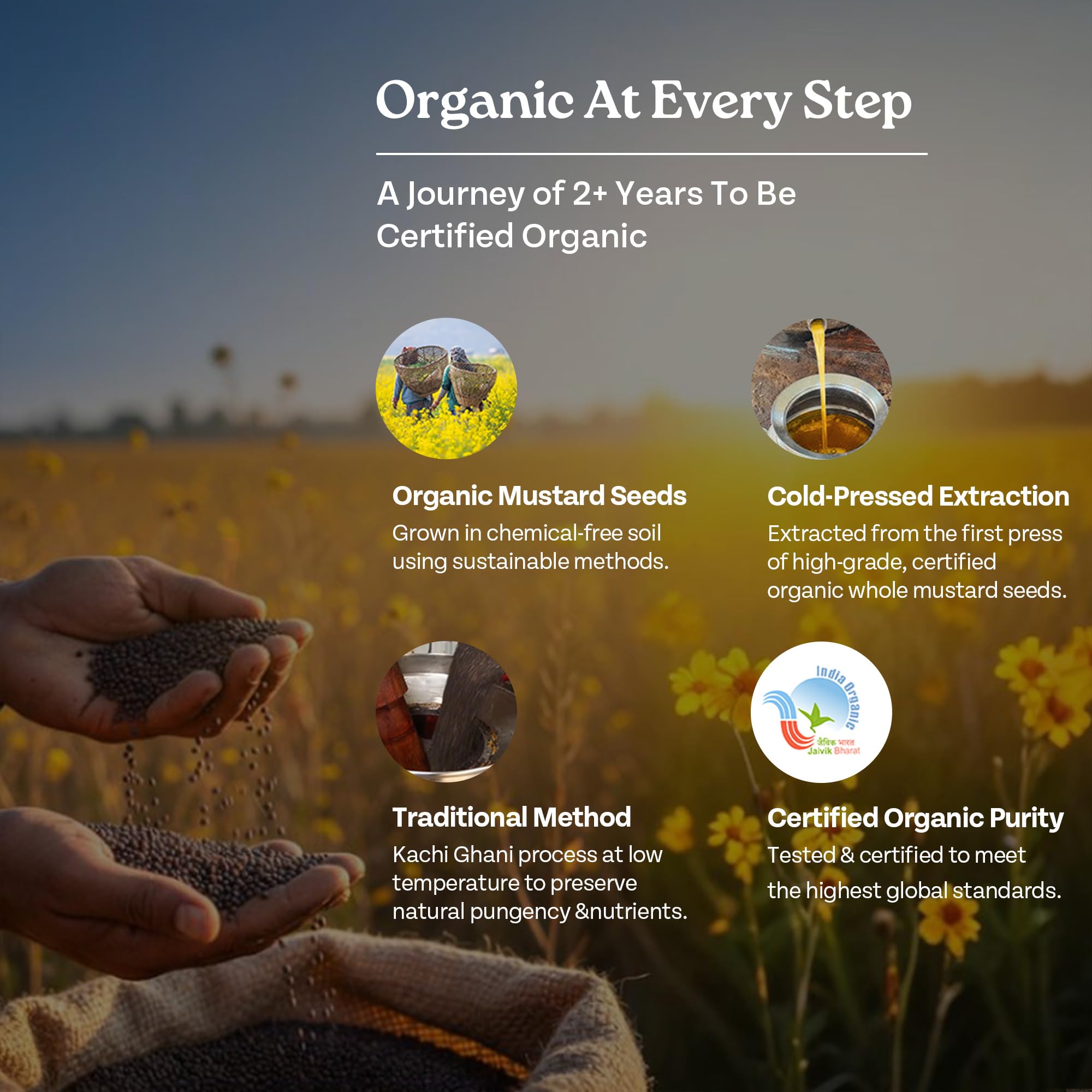 Organic India Mustard Oil, 1000ml | Lab Tested on 250+ Parameters | Certified Organic| Cold Pressed Oil | Kachi Ghani Sarso Ka Tel with Natural Flavour | Perfect for Daily Cooking and Healthier living product image 5