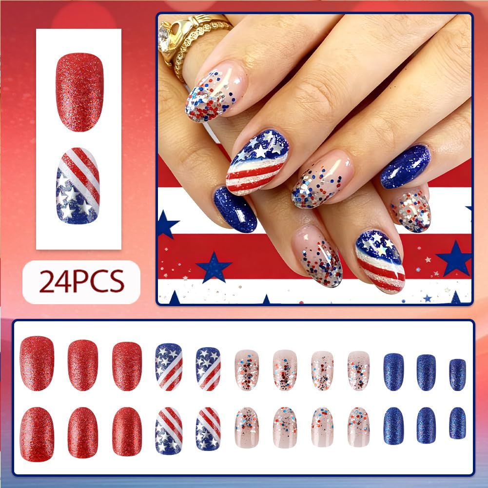 4th of July Nails 24Pcs Fourth of July Short Press On Nails Almond Fake Nail with Red and White Striped Stars Design, Acrylic Artificial American Flag Glitter False Press Ons Stick On Nails for Women