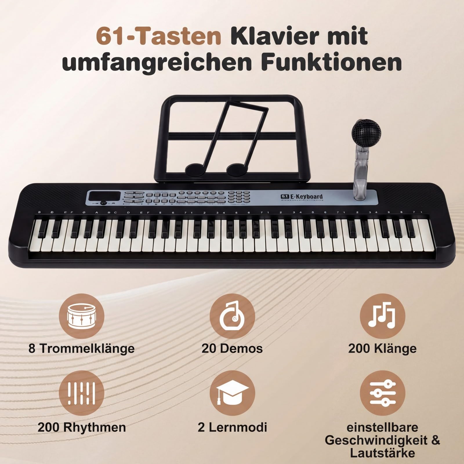 COSTWAY Keyboard dziecięcy z 61 klawiszami, elektroniczne pianino dziecięce z regulowanym stojakiem, mikrofonem i stojakiem na nuty, pianino dziecięce z dźwiękami, demami i rytmami, dla dzieci od 3