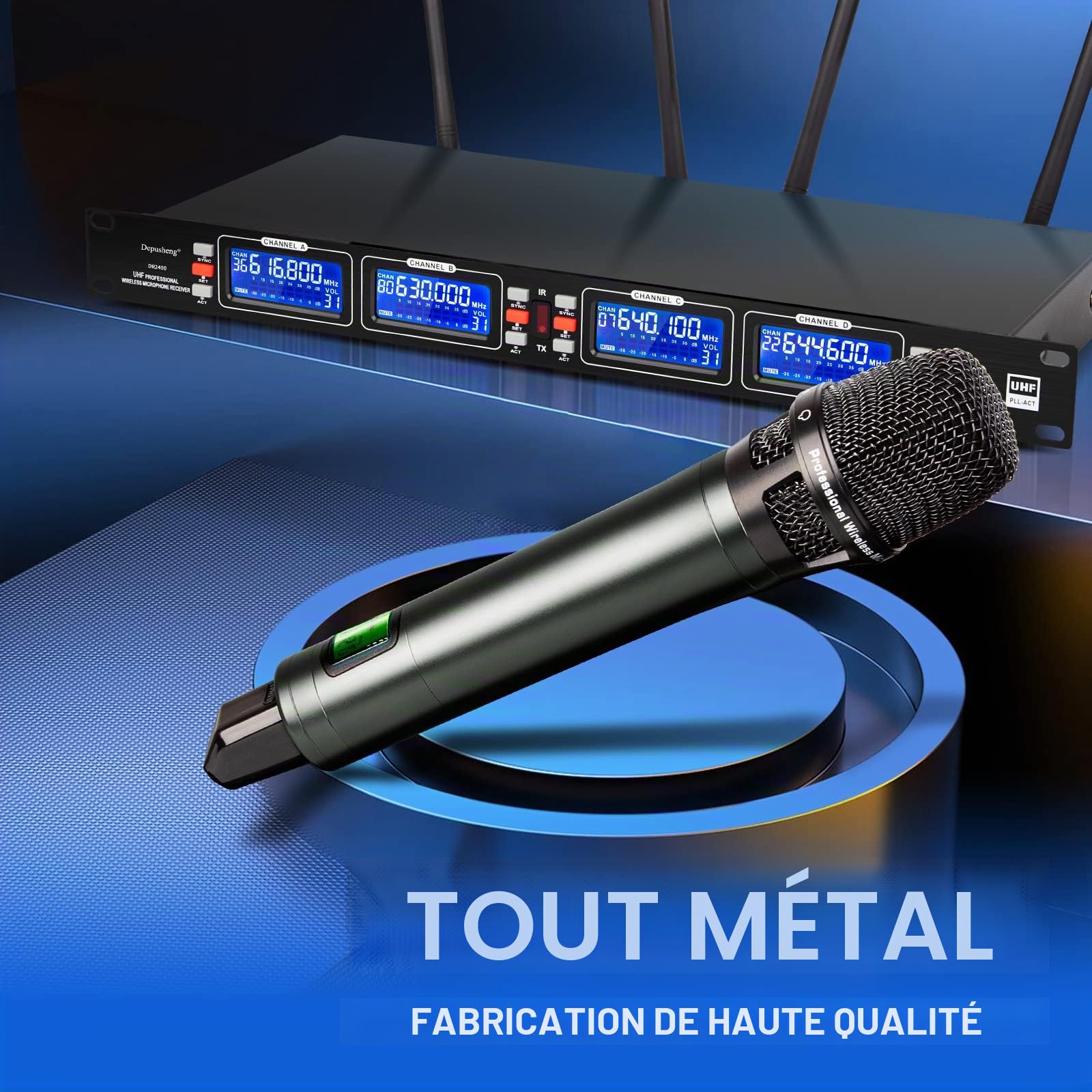Microphones sans fil Depusheng portable dynamiques 4 canaux, kit karaoké, réception 100 mètres, idéal scène mariage