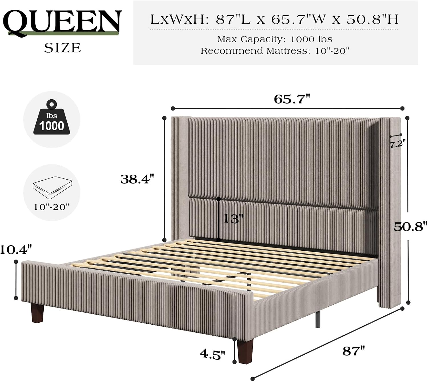 YUMPIE 50.8" Queen Size Corduroy Platform Bed Frame, Upholstered Bed Frame with Wingback Headboard Vertical Tufted, Solid Wood Legs, No Box Spring Needed, Taupe
