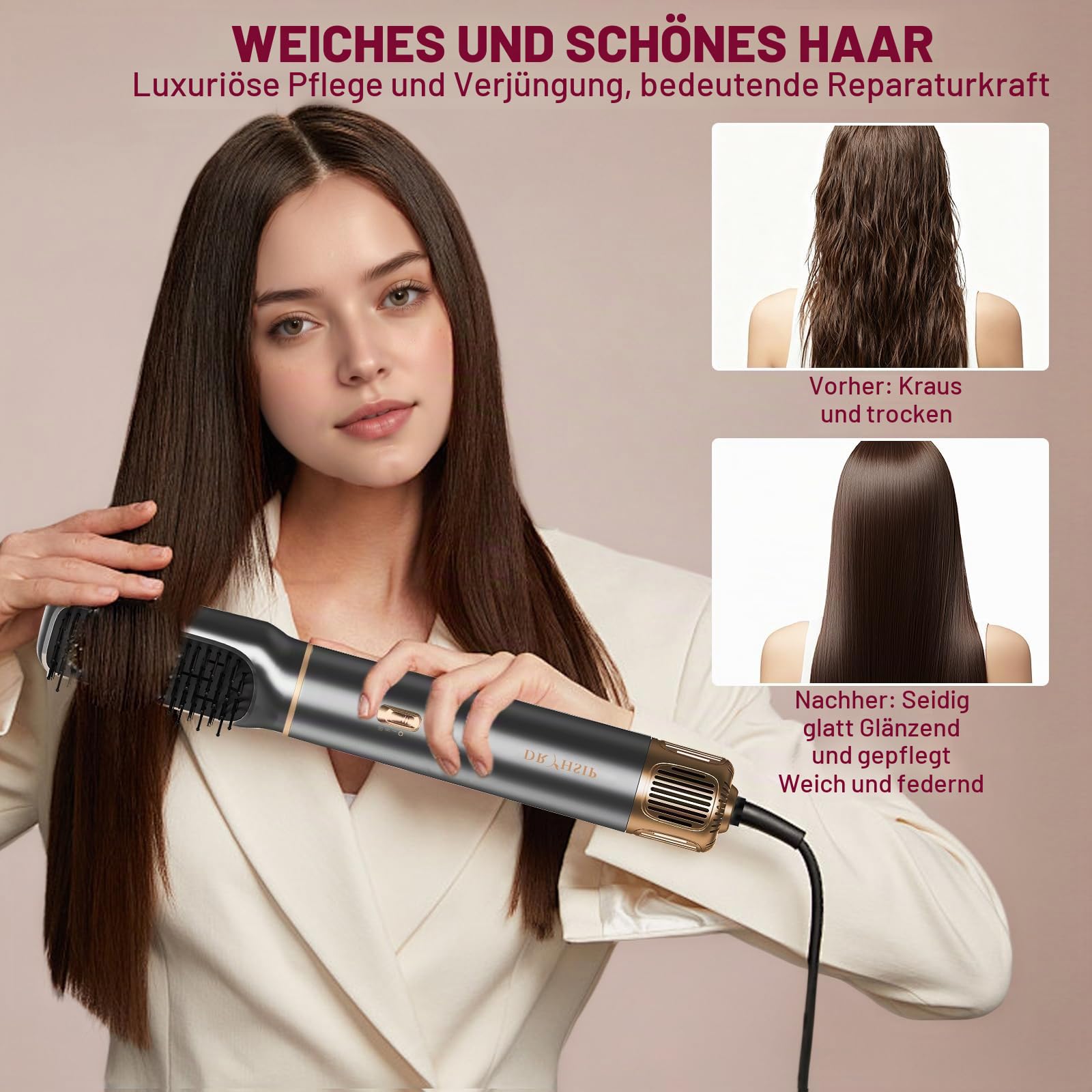 Dryhsip Warmluftbürste, 5 in 1 Hairstyler, Föhnbürste mit haartrockner für Frauen, Airstyler mit Föhn, Glätten,Lockenstab Automatisch, Haarglätter, Rundbürstenföhn,3 Temperaturen (Pearl Grey)