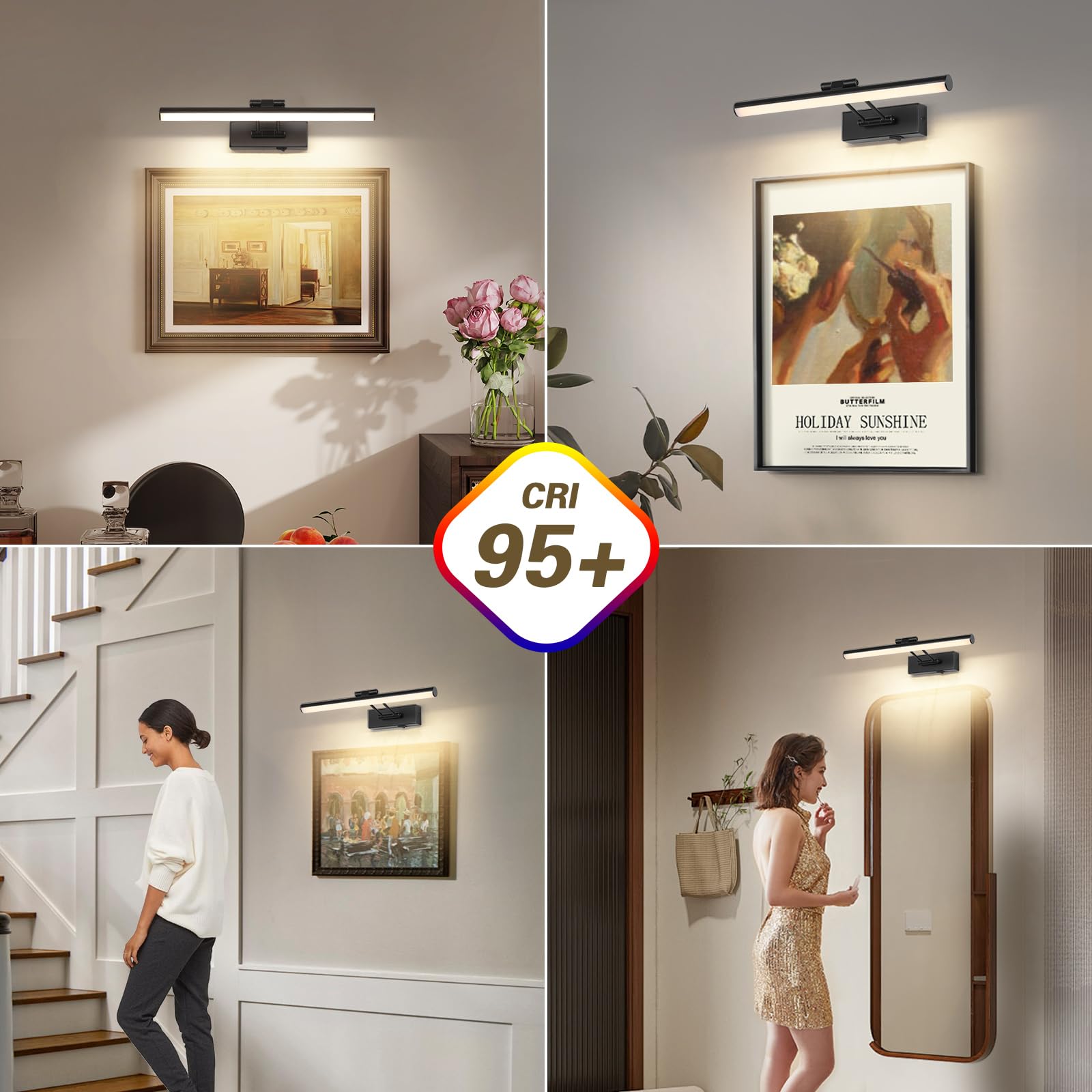 JOOSENLUX Battery Operated Picture Light Dimmable Wireless Gallery Lights Dual-Rods Swing Arm LED Wall Art Light 15.35