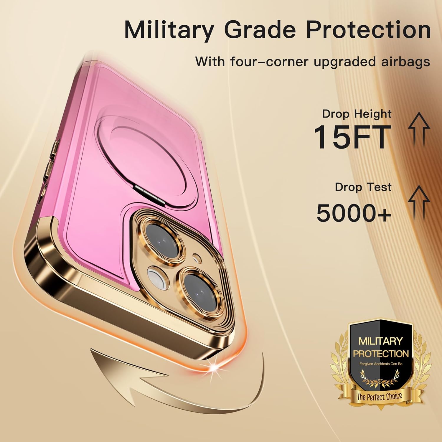 COOLQO for iPhone 13 Case 6.1'' Upgraded 360° Spin Magnetic Stand [Compatible with Magsafe][Military Protection] Plating Matte Scratch-Resistant Back Protective Shockproof Phone Case, Pink Gold