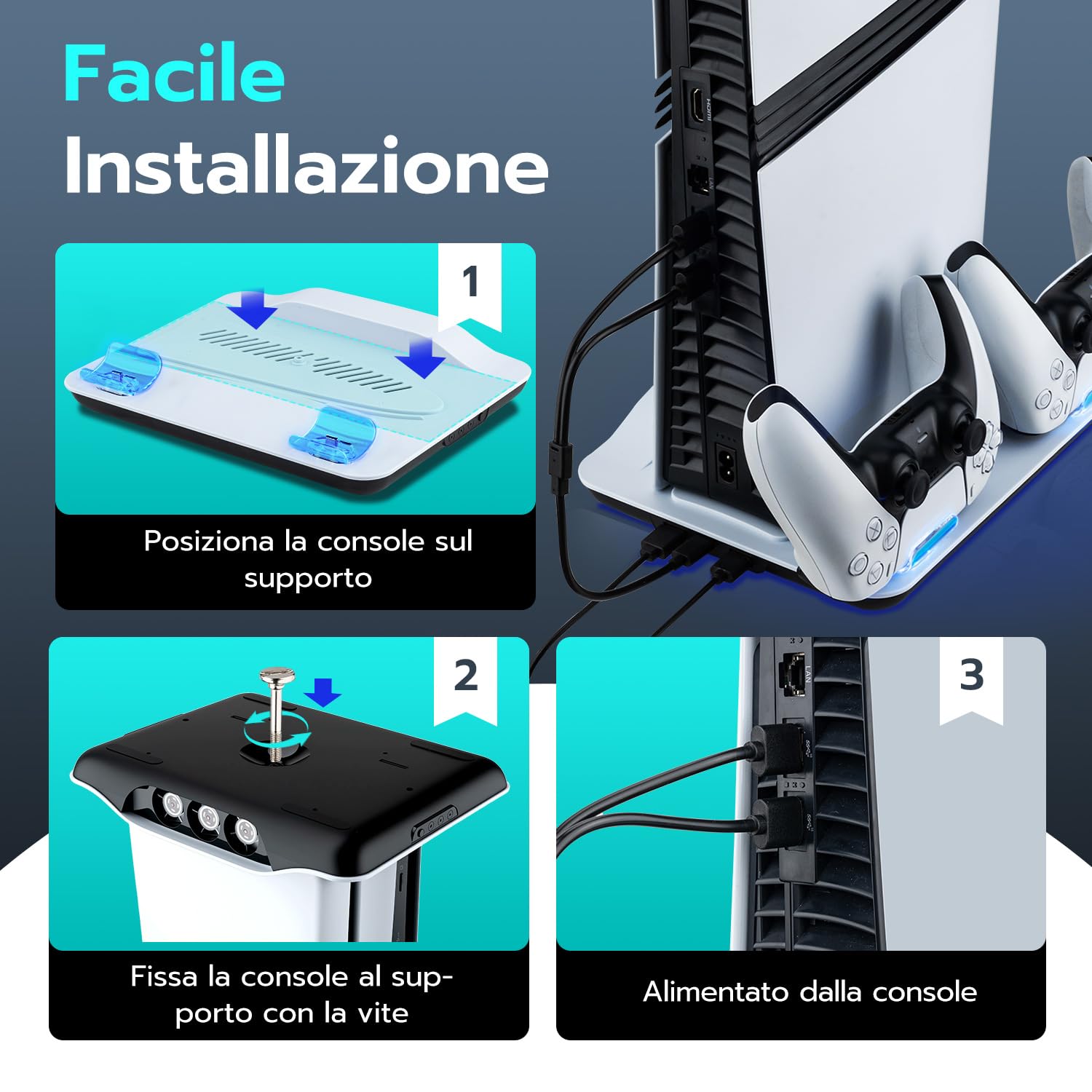 Supporto per PS5/Slim/Pro con Ventola di Raffreddamento, Base Stazione Ricarica Joystick PS5, PS5 Supporto Verticale Raffreddamento con 2 Carica USB &3 marcia Velocità del vento per PS5 Gadget